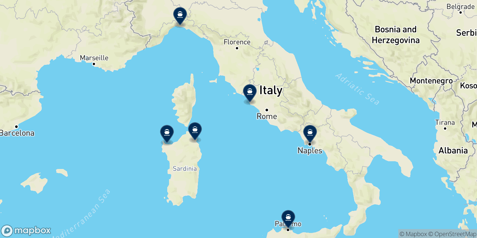 Carte des destinations Tirrenia