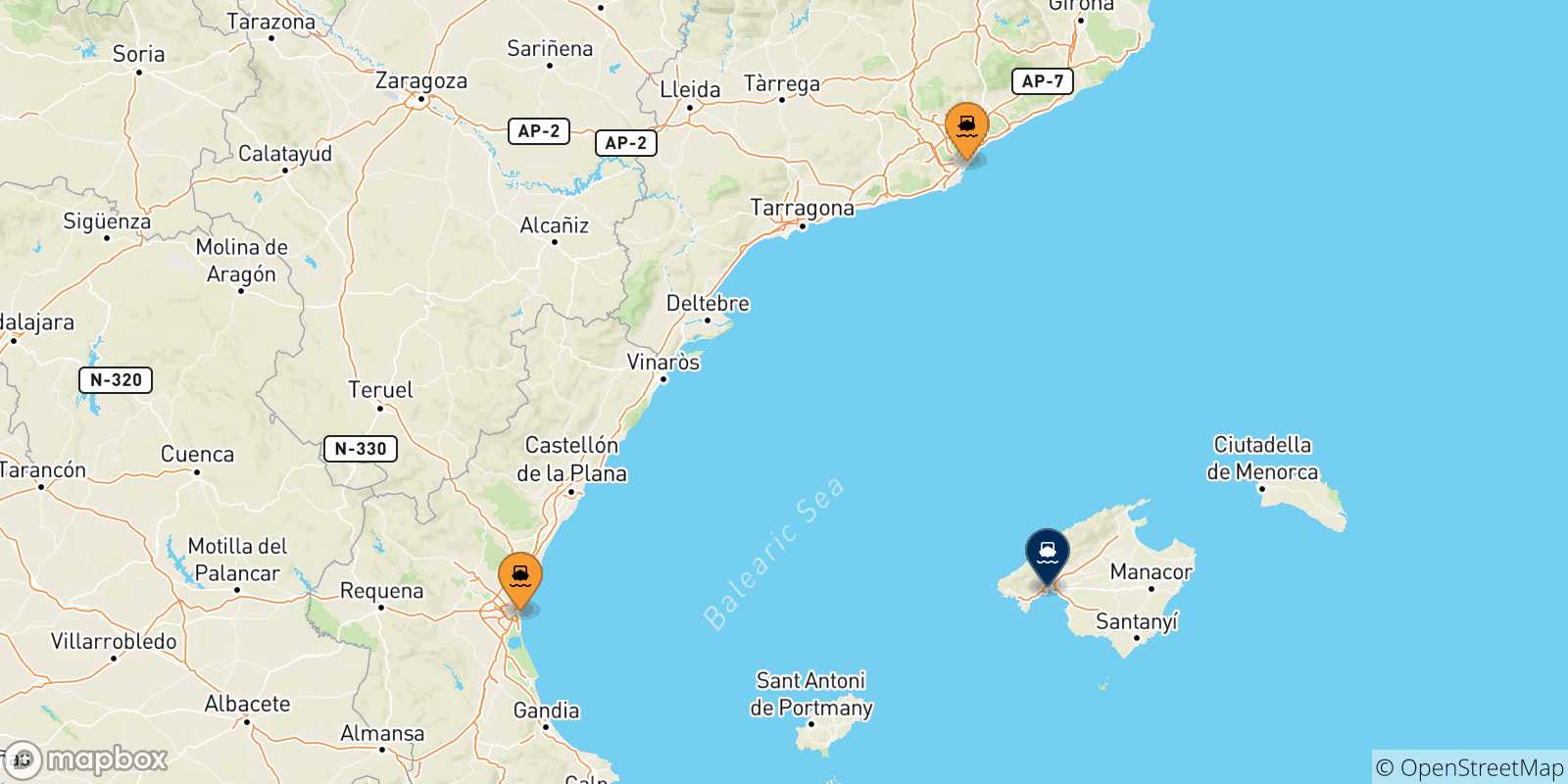 Carte des traversées possibles entre l'Espagne et Palma Di Majorque