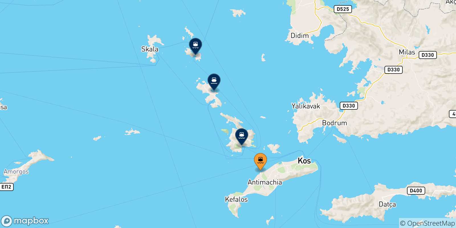 Carte des traversées possibles entre Mastihari (Kos) et Îles Du Dodécanèse