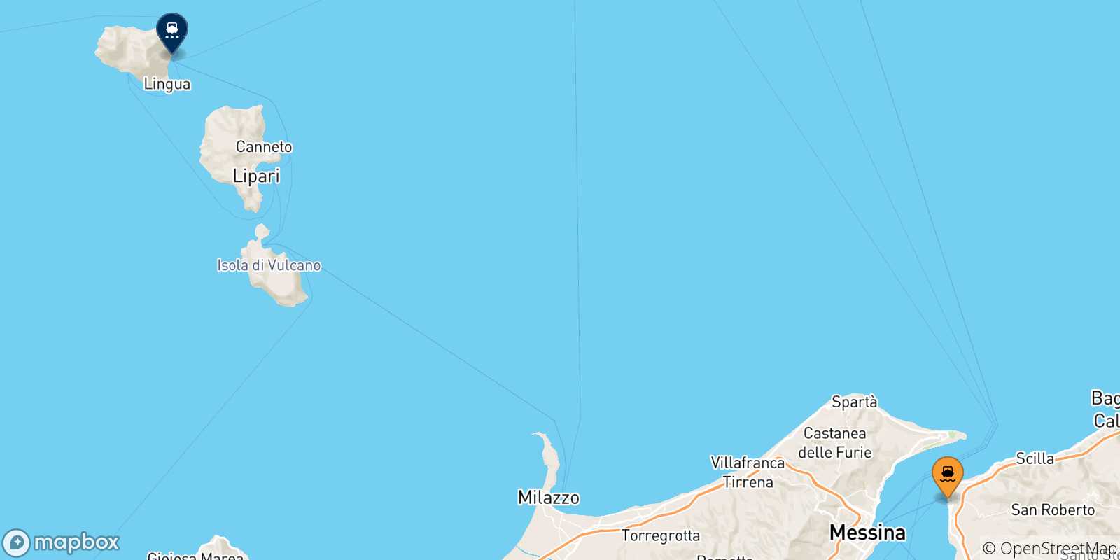 Carte des traversées possibles entre Reggio De Calabre et les Îles Éoliennes