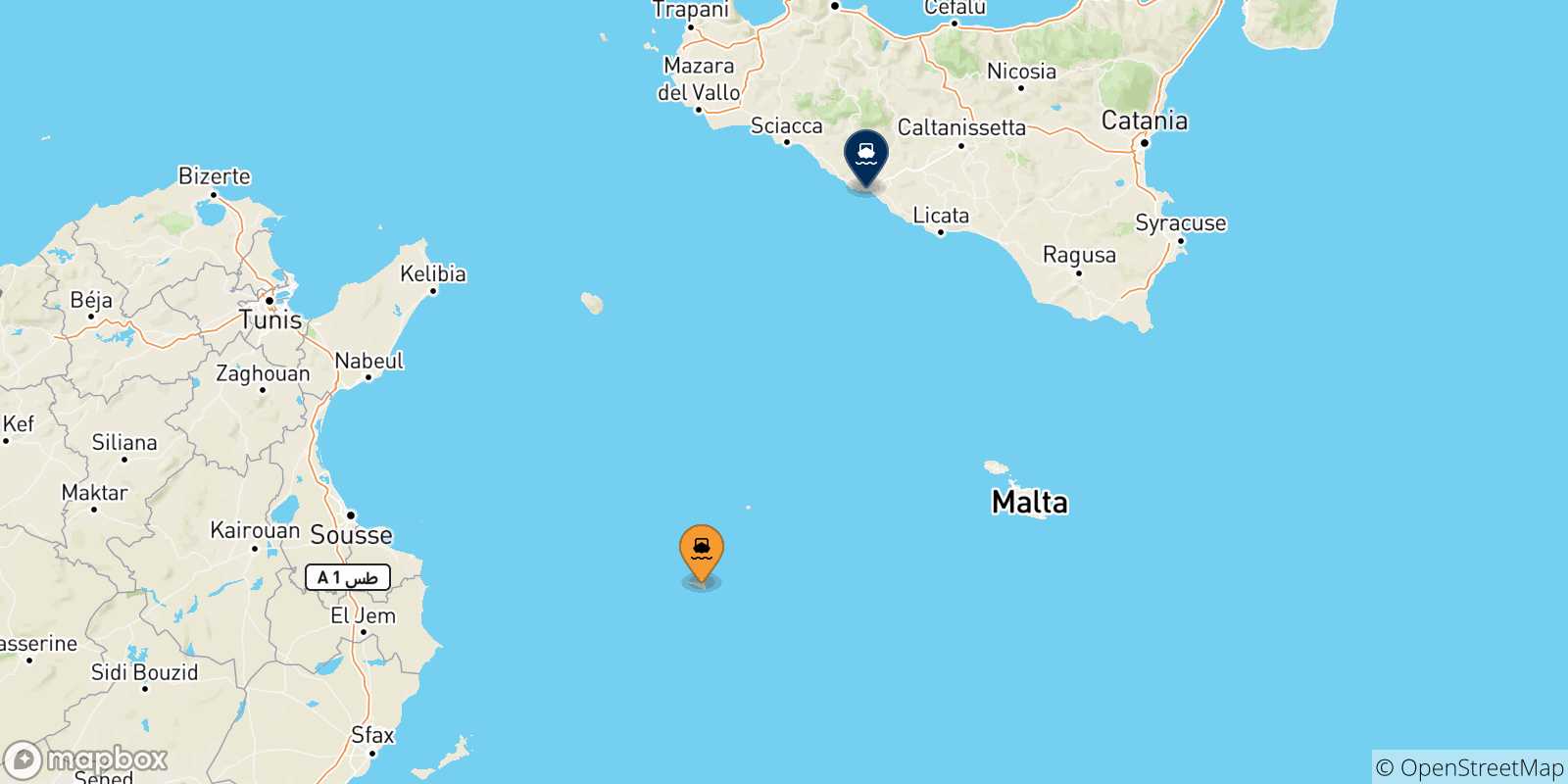 Carte des traversées possibles entre Lampedusa et la Sicile