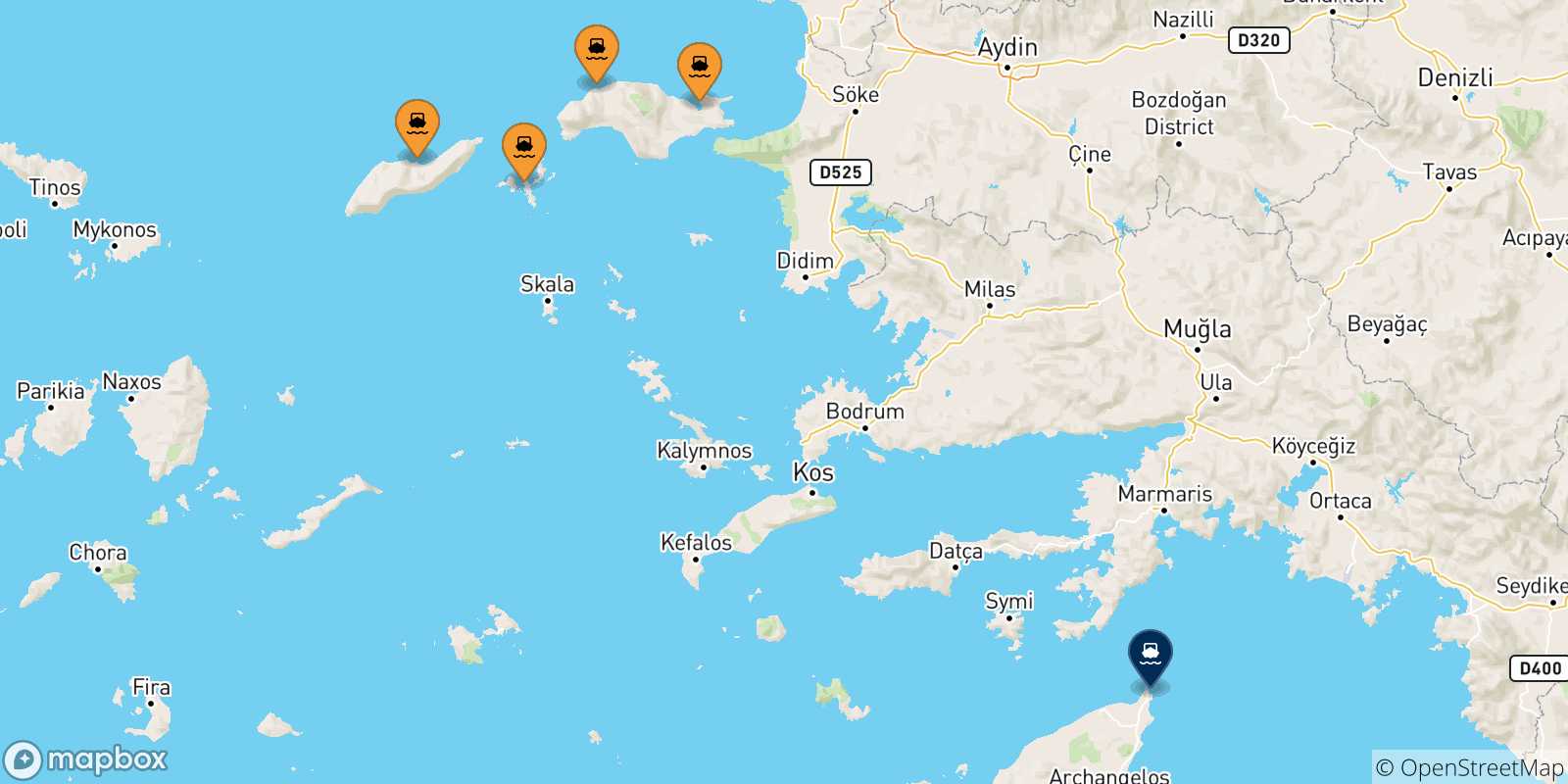 Carte des traversées possibles entre les Îles Égéennes et Rhodes
