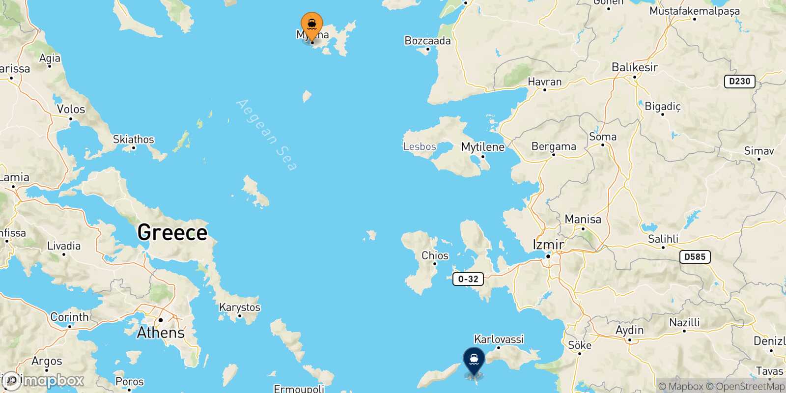 Carte des traverséesMyrina (Limnos) Fourni