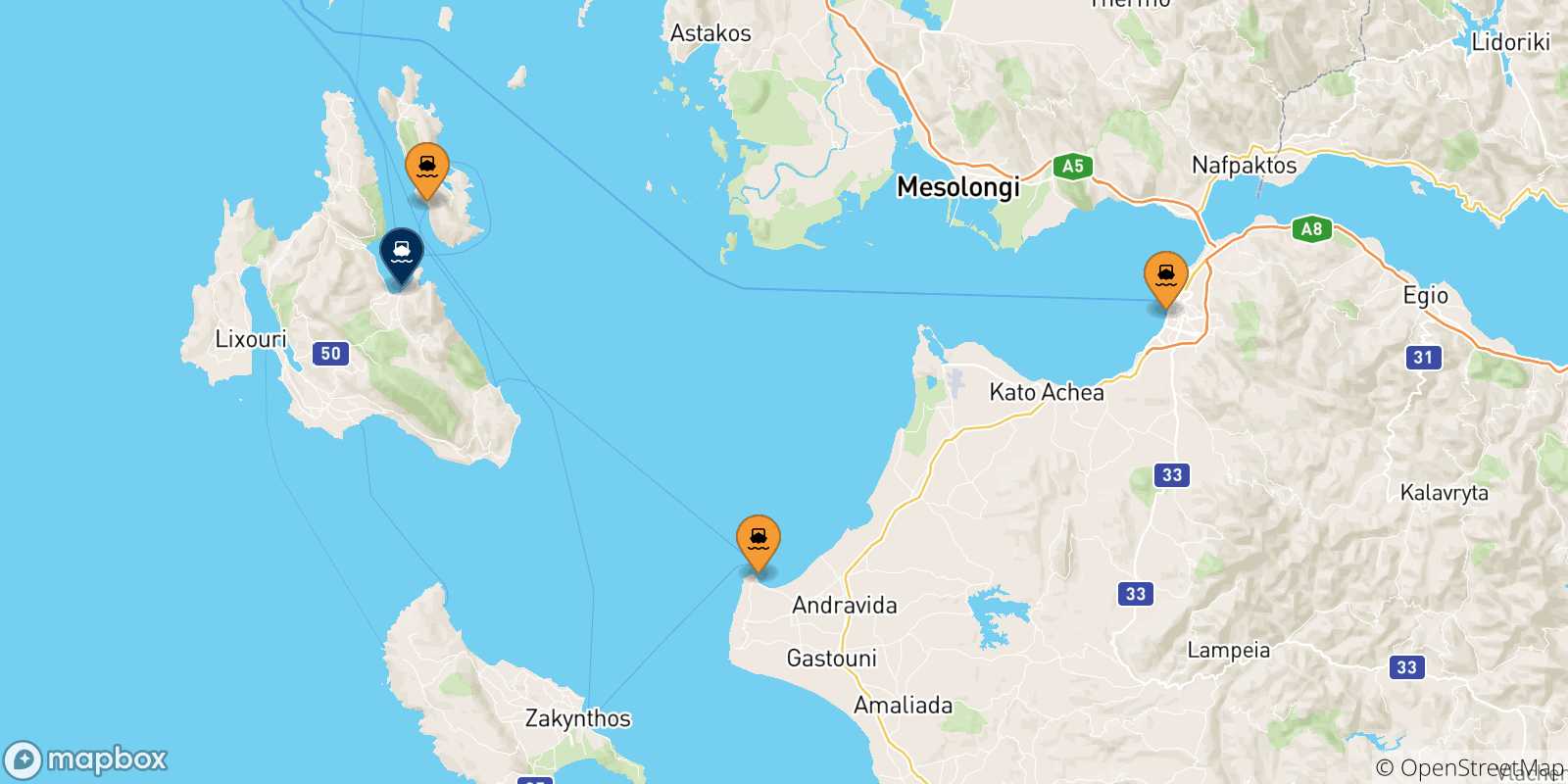 Carte des traversées possibles entre la Grèce et Sami (Céphalonie)
