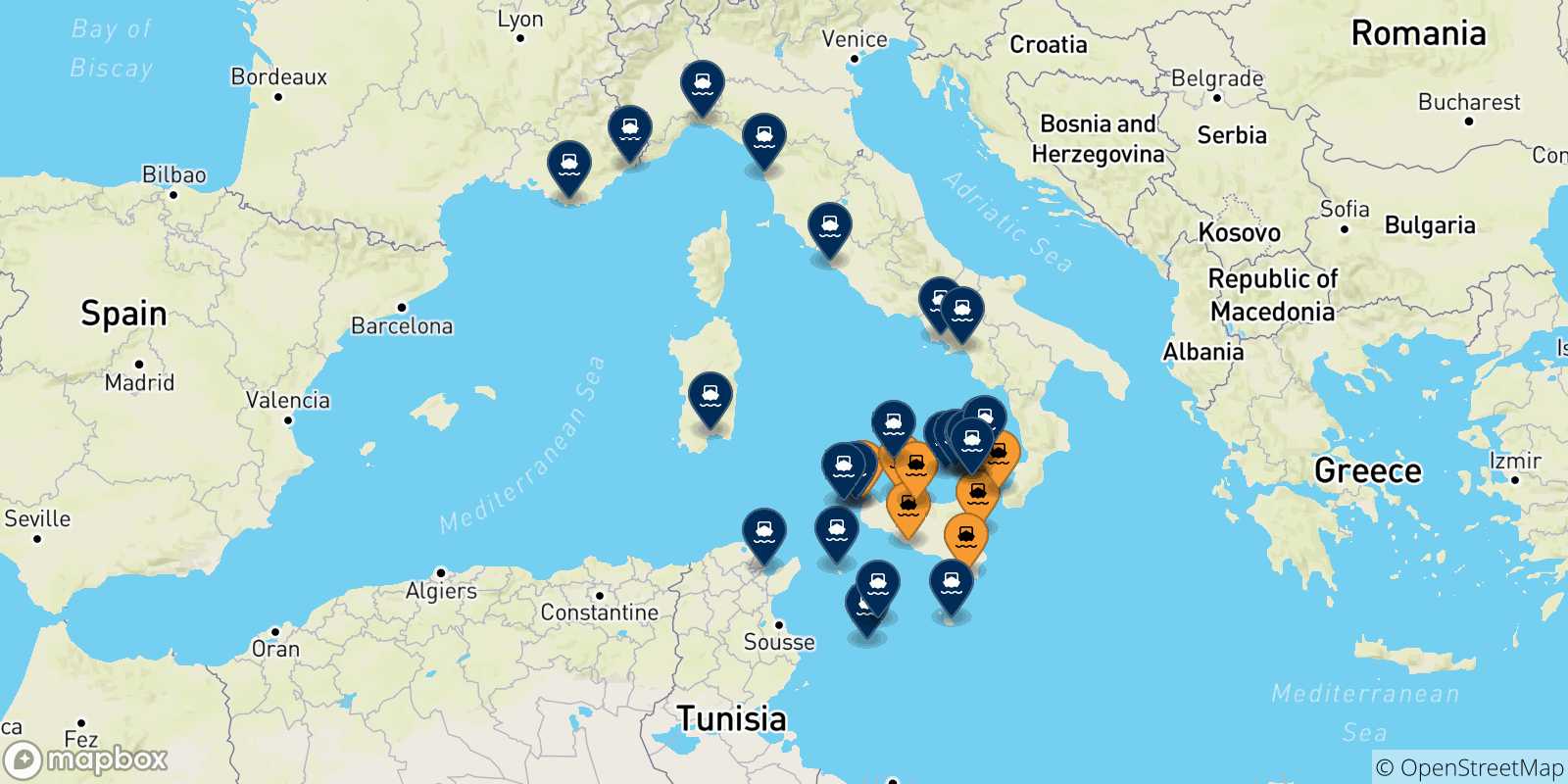Carte des destinations de la Sicile