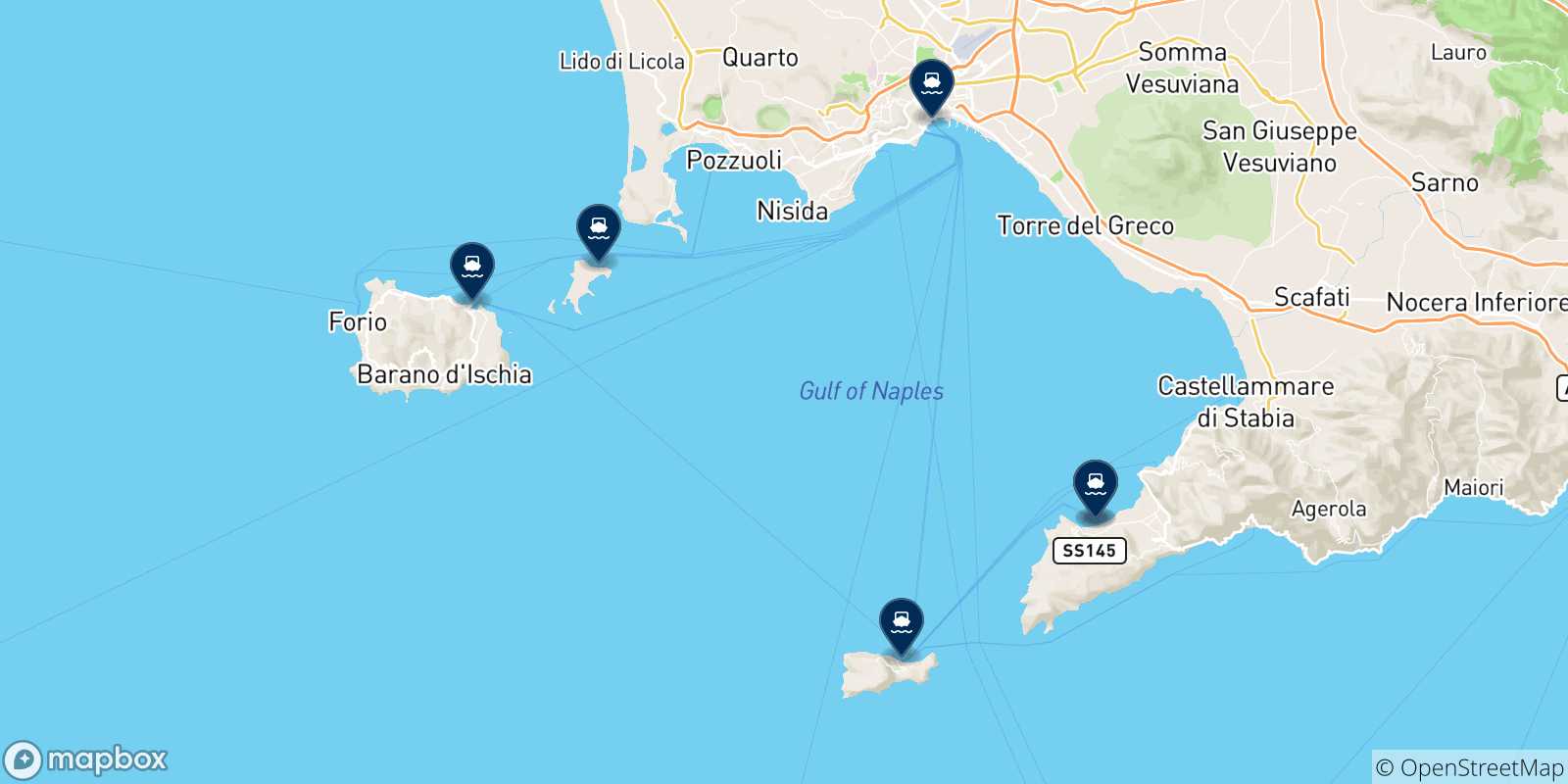 Carte des traversées possibles entre Sorrente et l'Italie