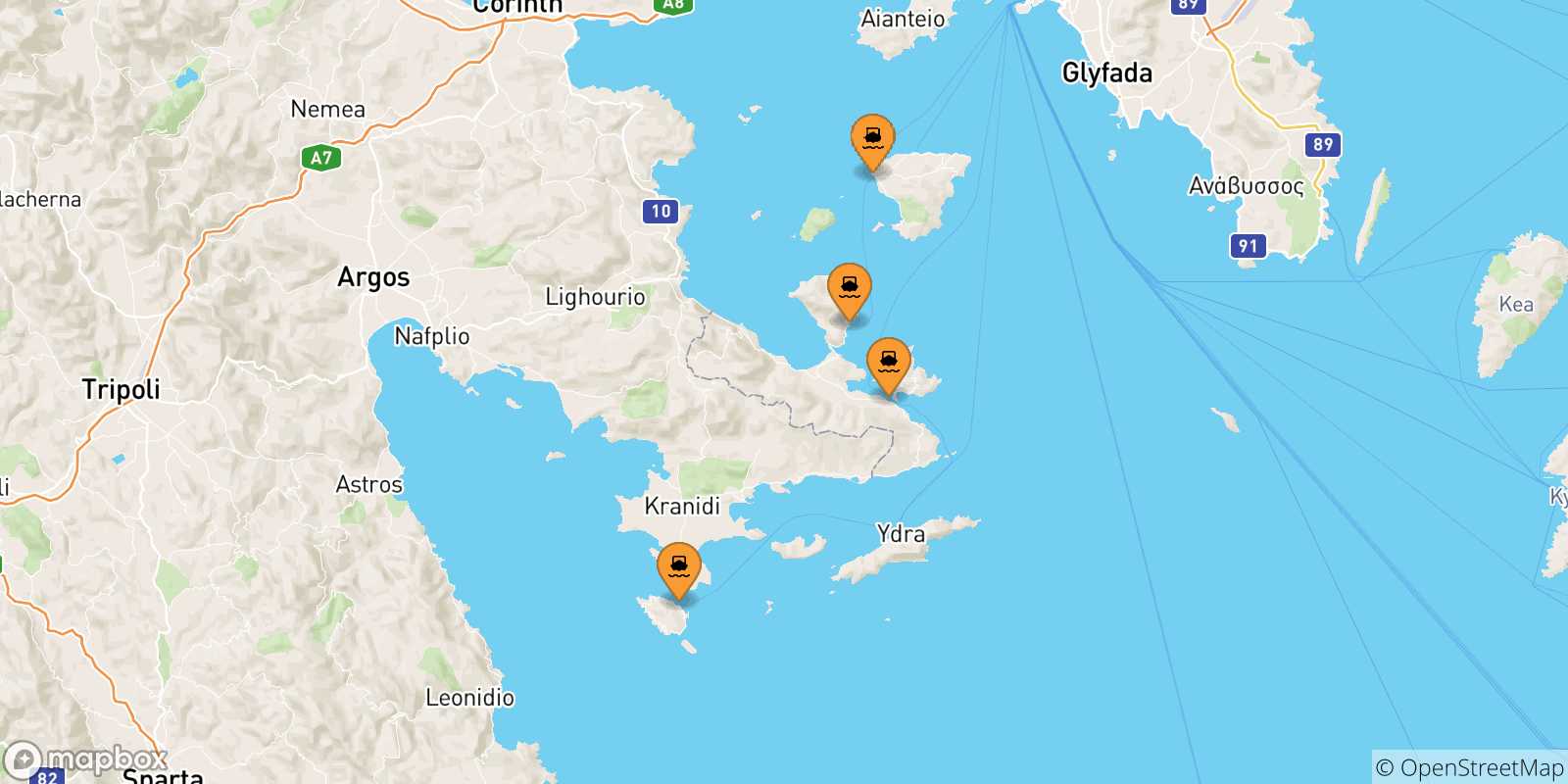 Carte des traversées possibles entre les Îles Saroniques et Poros