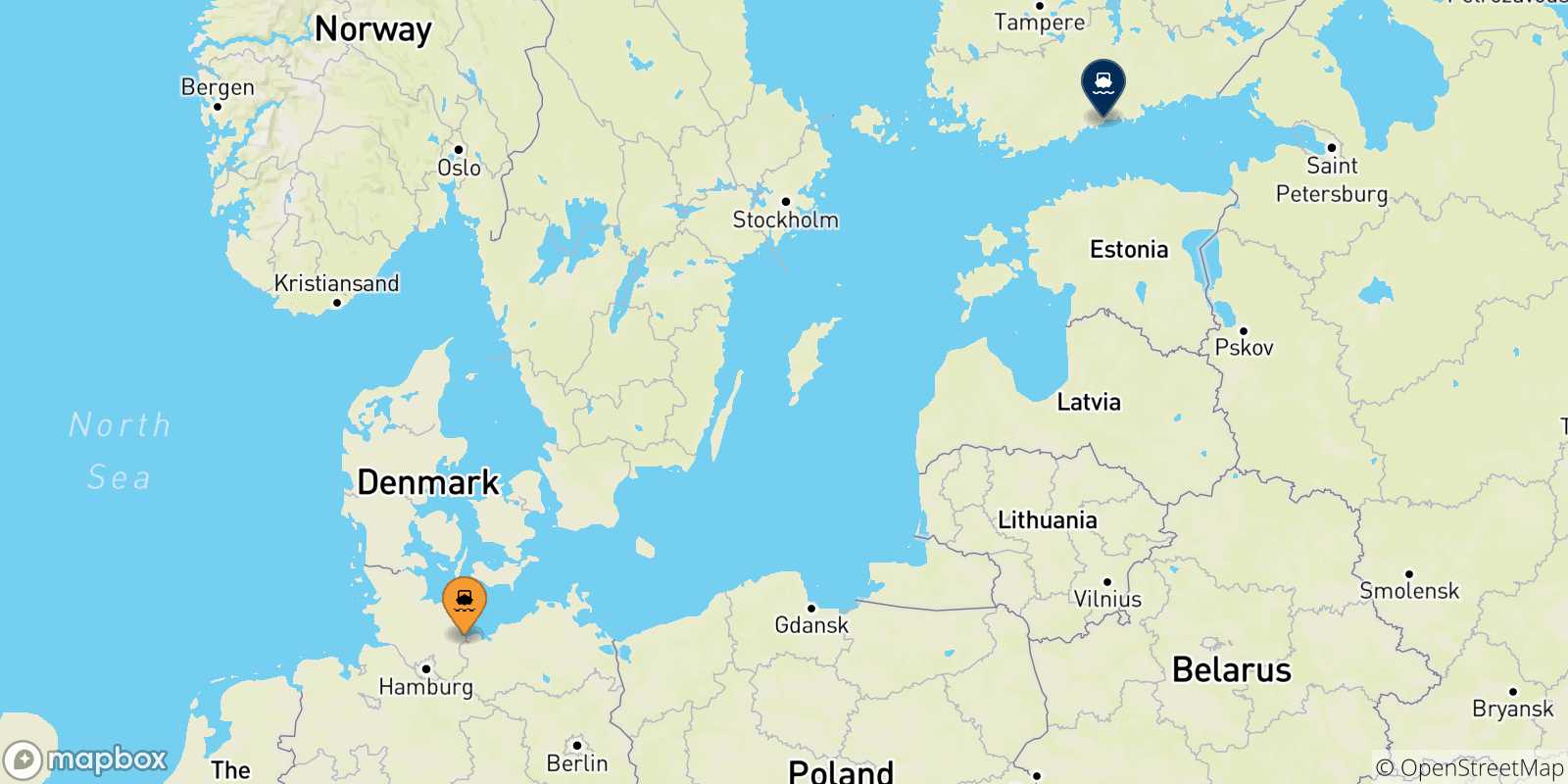 Carte des traversées possibles entre Travemünde et la Finlande