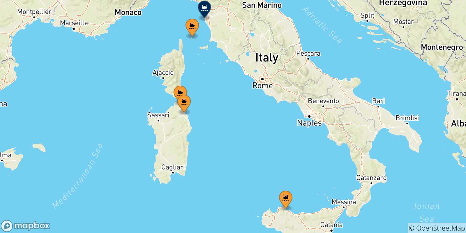 Carte des traversées possibles entre l'Italie et Livourne