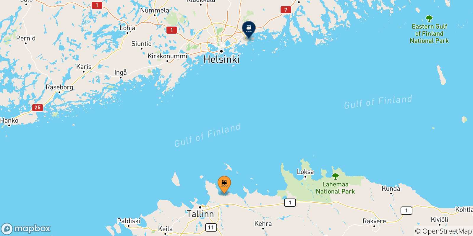 Carte des traversées possibles entre Muuga et la Finlande