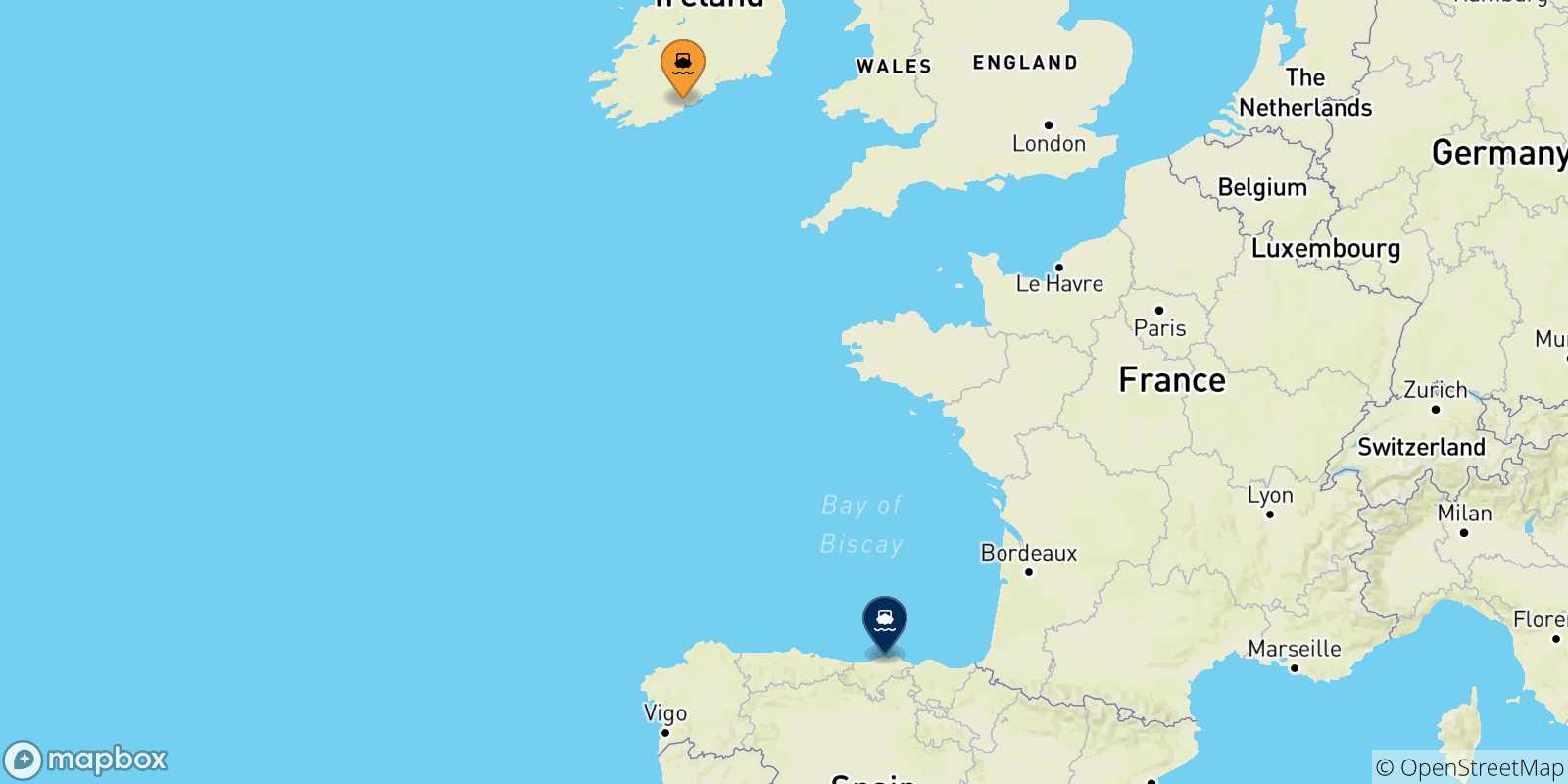 Carte des traversées possibles entre Cork et l'Espagne