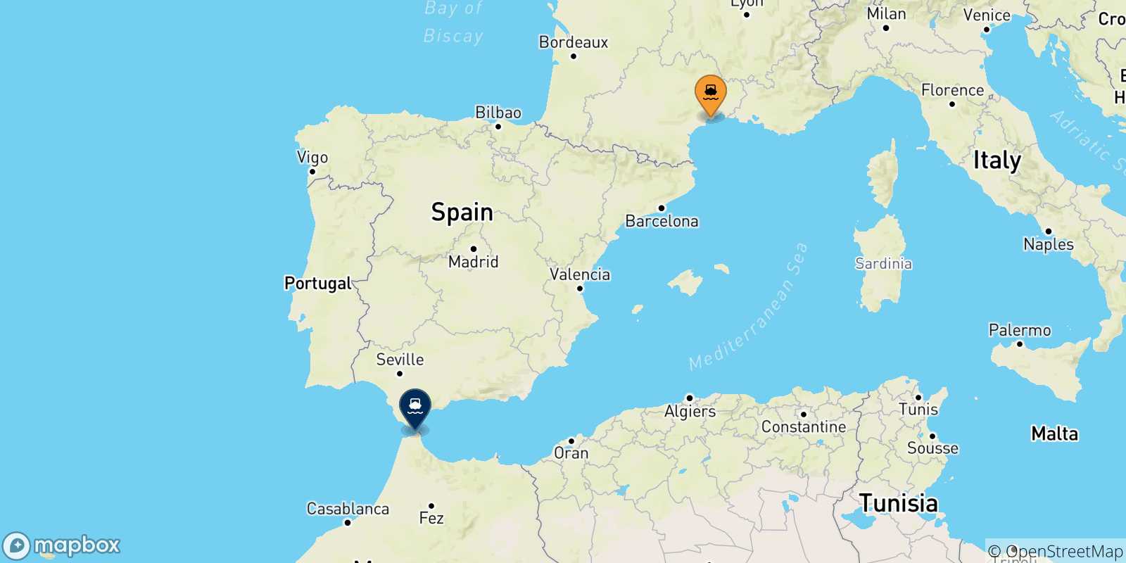 Carte des traversées possibles entre la France et Tanger Med