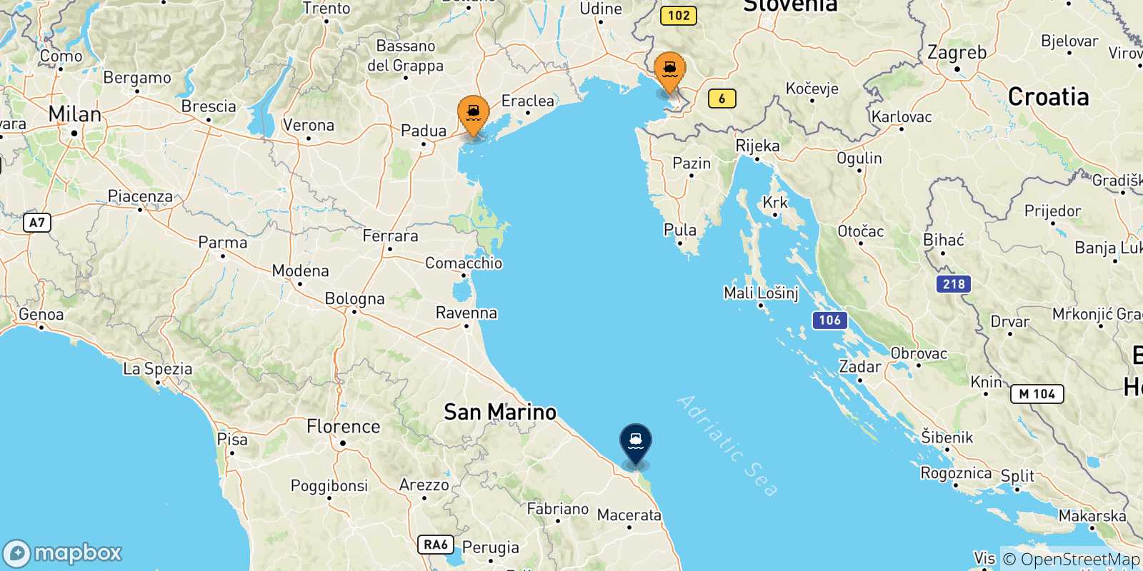 Carte des traversées possibles entre l'Italie et Ancône