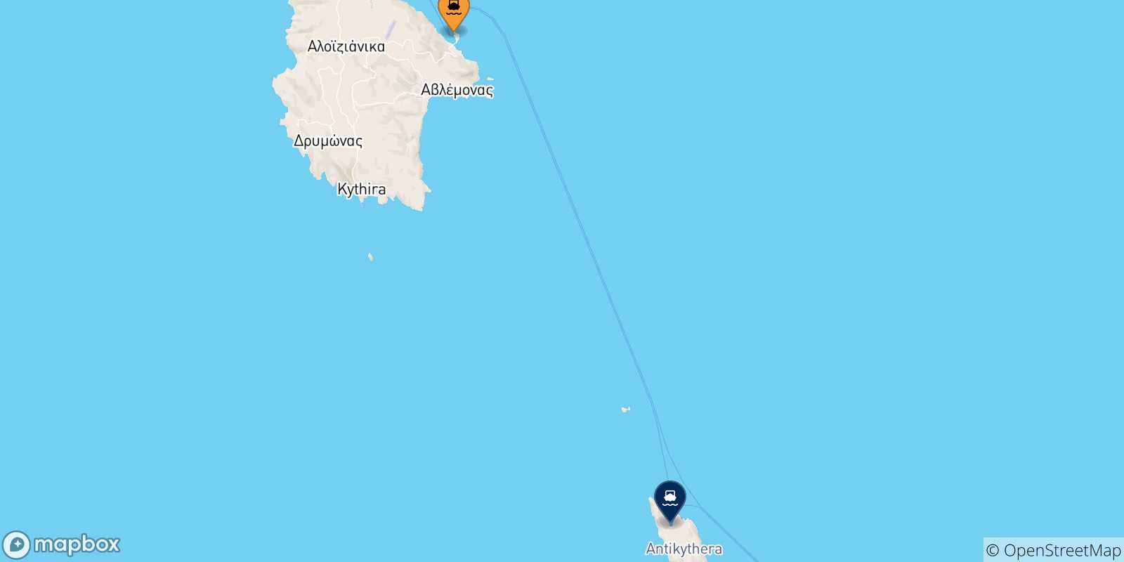 Carte des traversées possibles entre Cythère et Îles Ioniennes