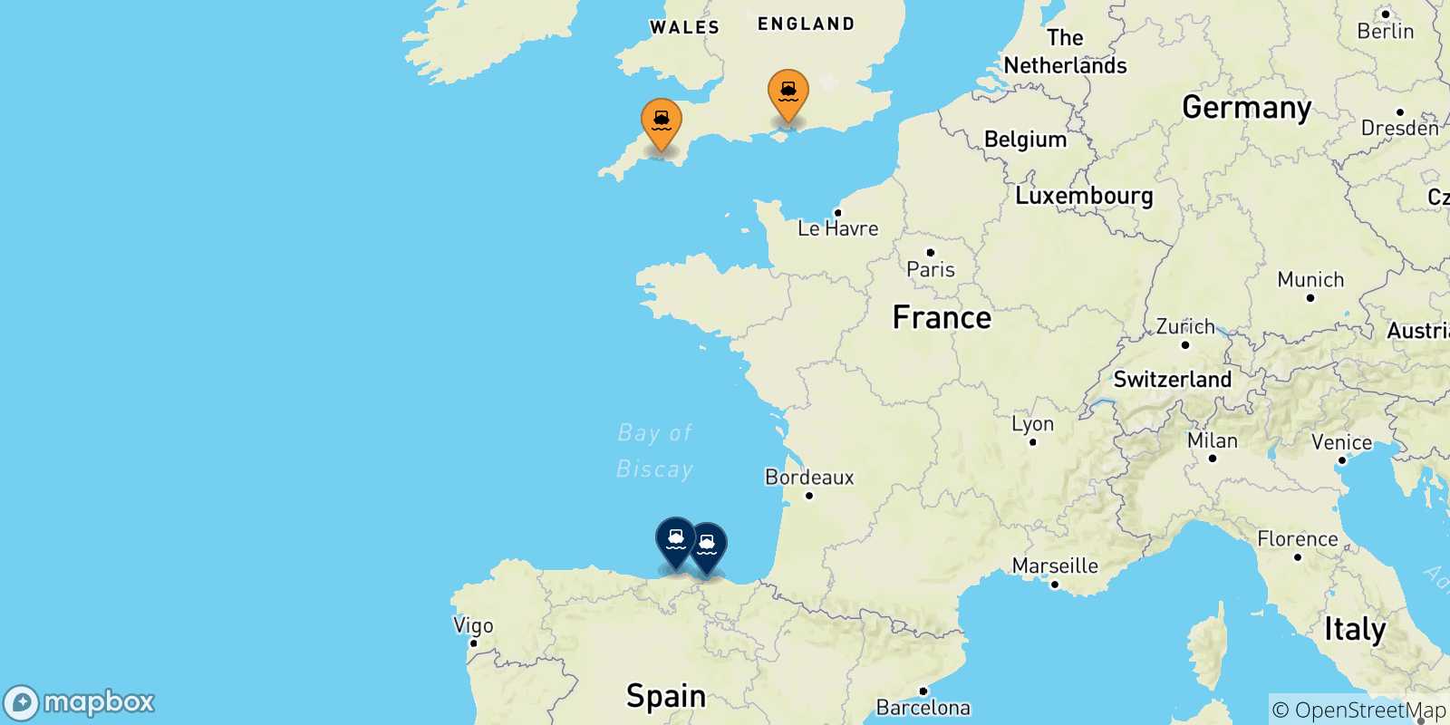 Carte des traversées possibles entre l'Angleterre et l'Espagne