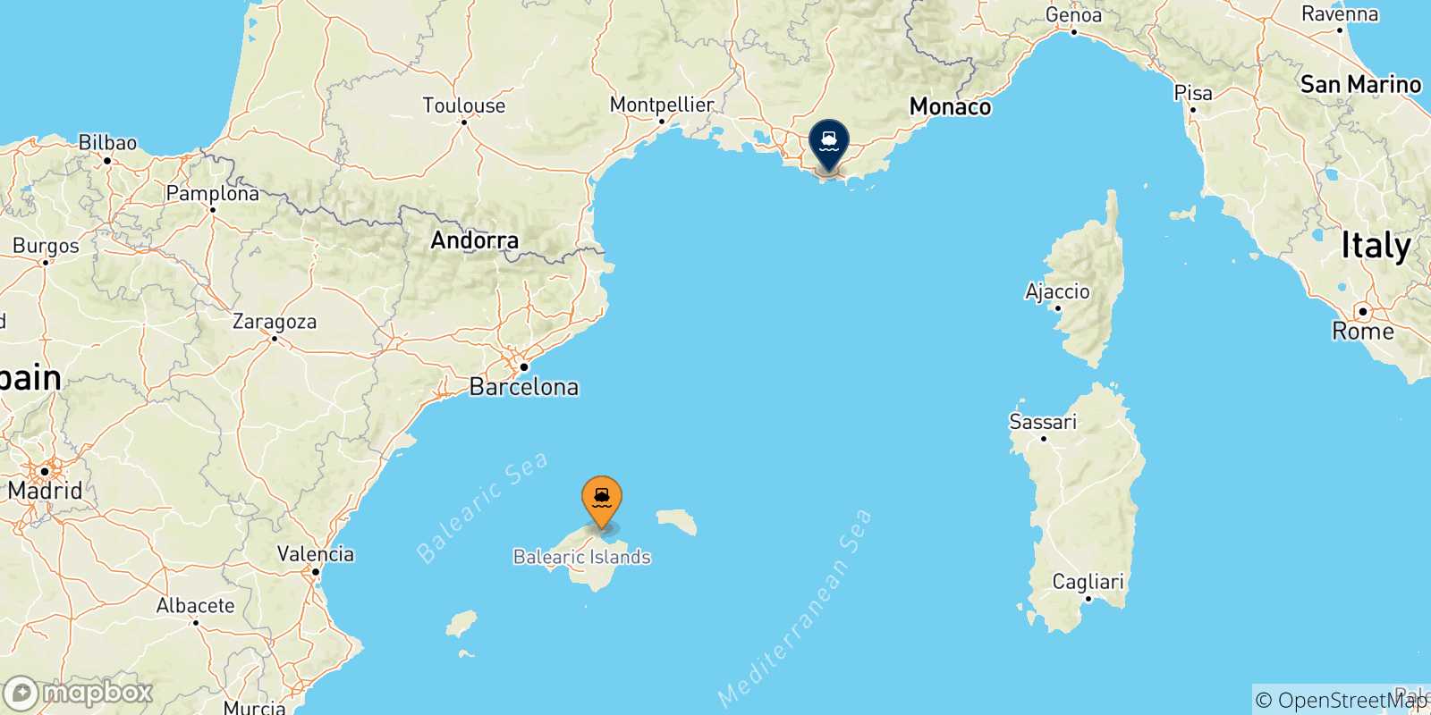 Carte des traversées possibles entre l'Espagne et Toulon