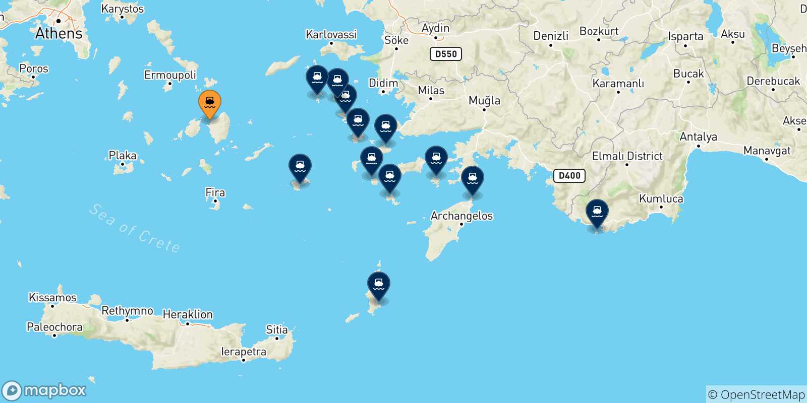 Carte des traversées possibles entre Naxos et Îles Du Dodécanèse