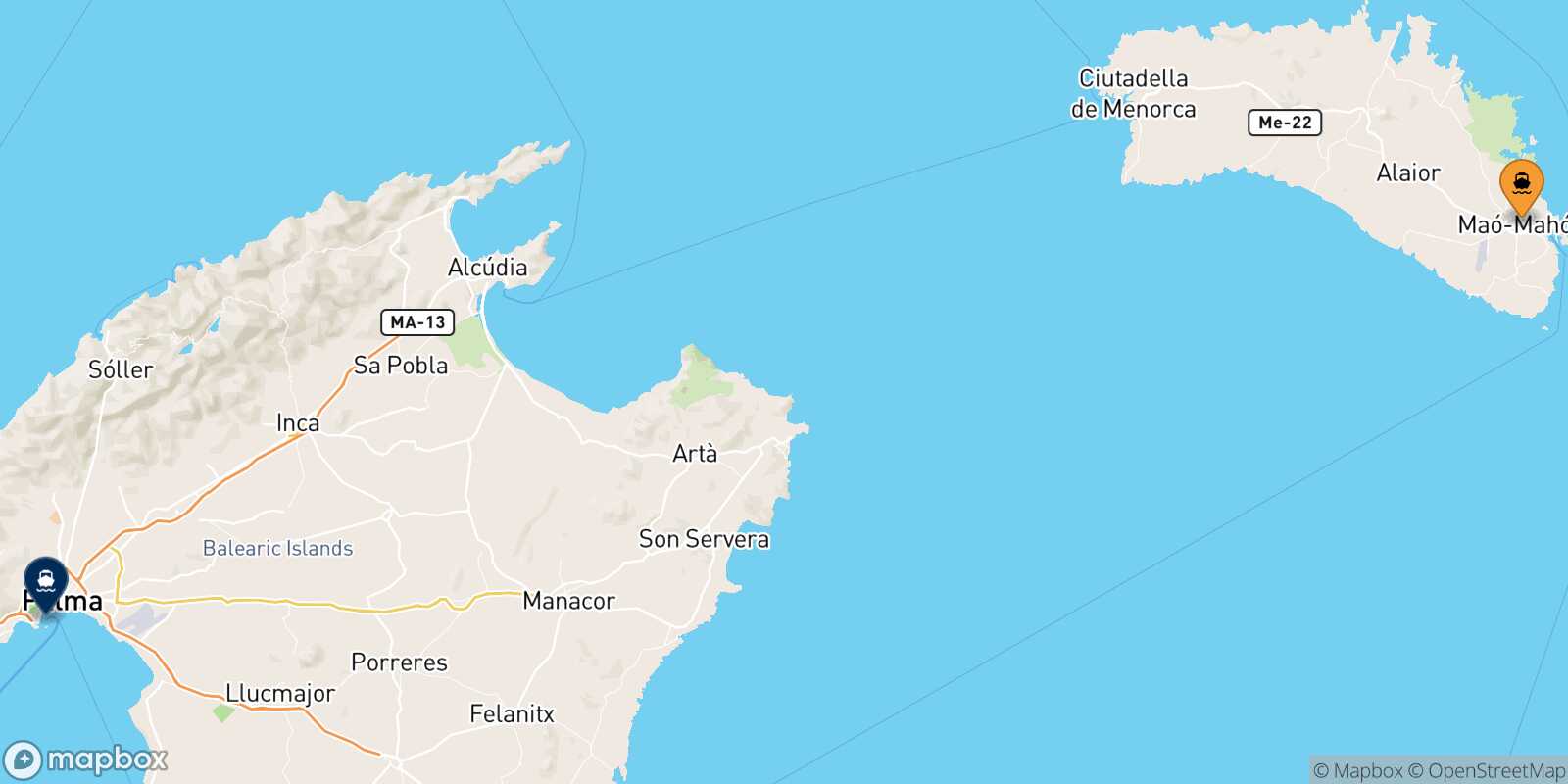Carte des traverséesMahon (Minorque) Palma Di Majorque