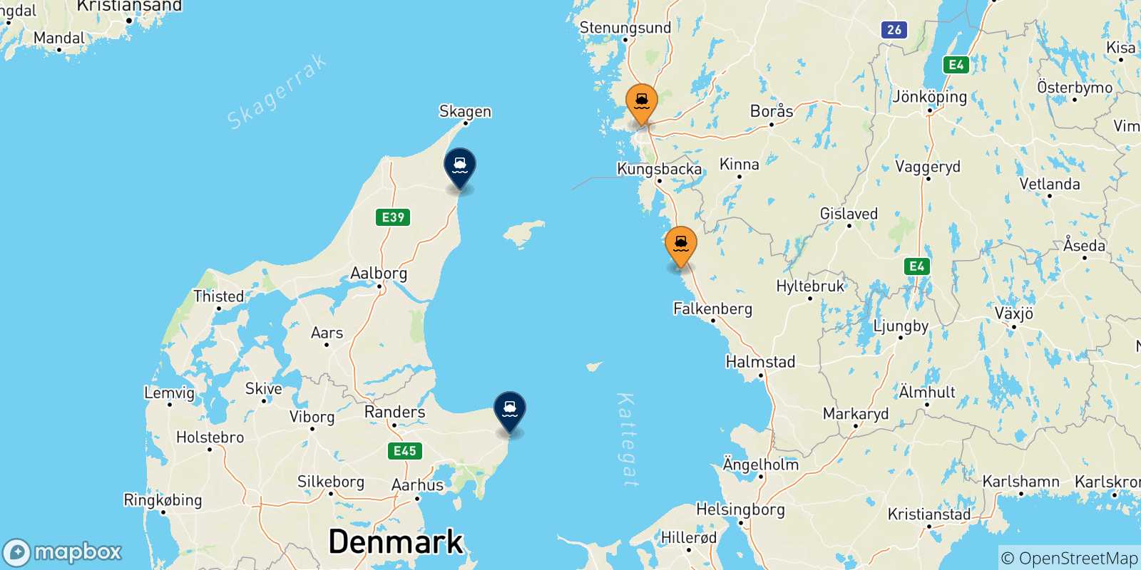 Carte des traversées possibles entre la Suède et le Danemark