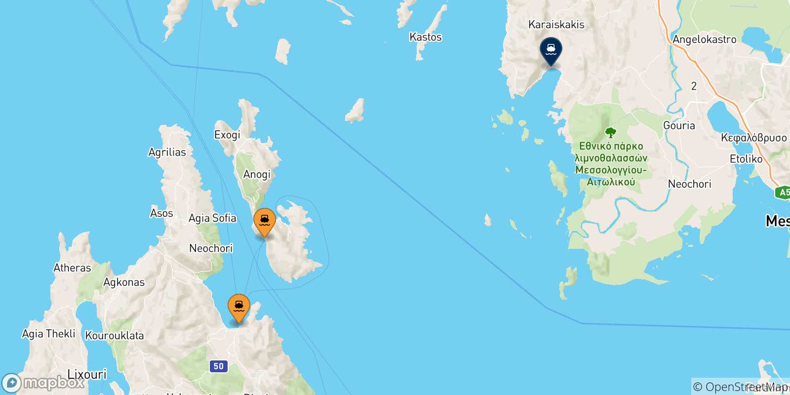 Carte des traversées possibles entre Îles Ioniennes et Astakos