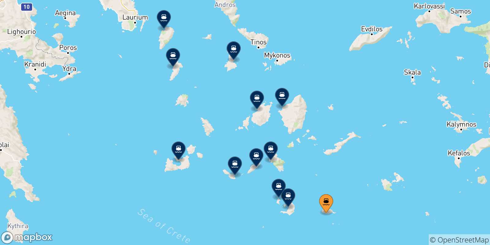 Carte des traversées possibles entre Anafi et Îles Des Cyclades