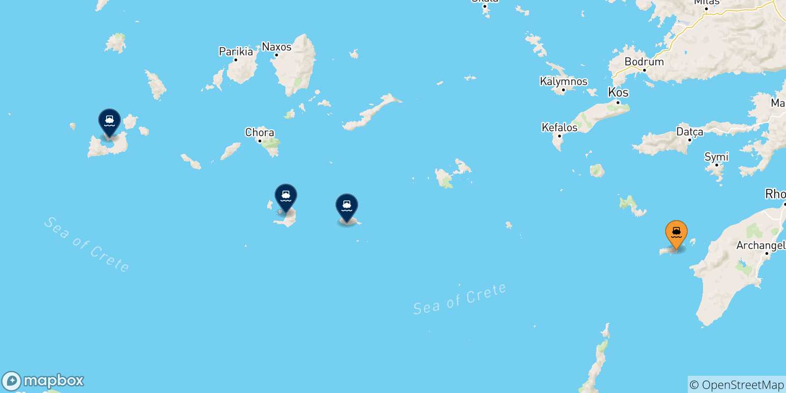 Carte des traversées possibles entre Chalki et Îles Des Cyclades