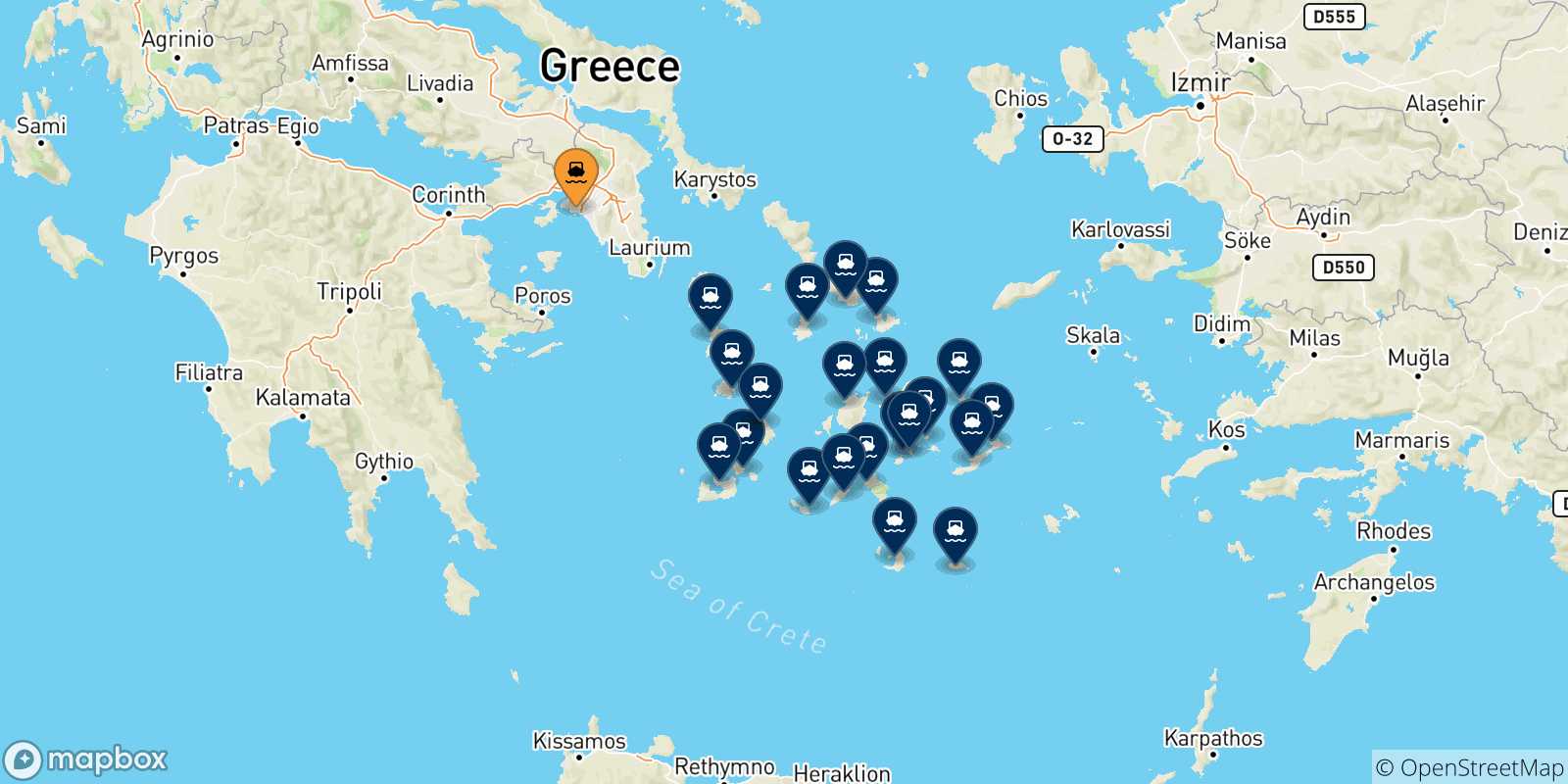 Carte des traversées possibles entre Le Piree et Îles Des Cyclades