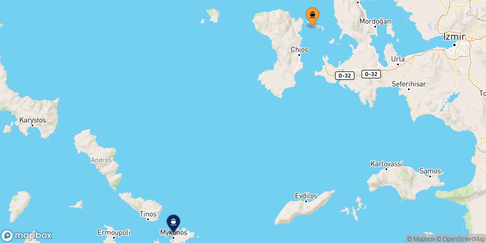 Carte des traverséesInousses Mykonos