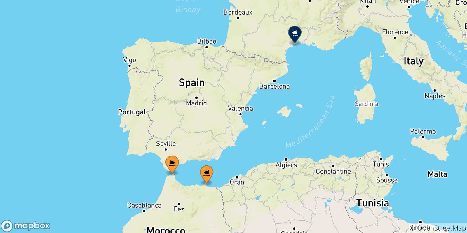 Carte des traversées possibles entre le Maroc et Sète