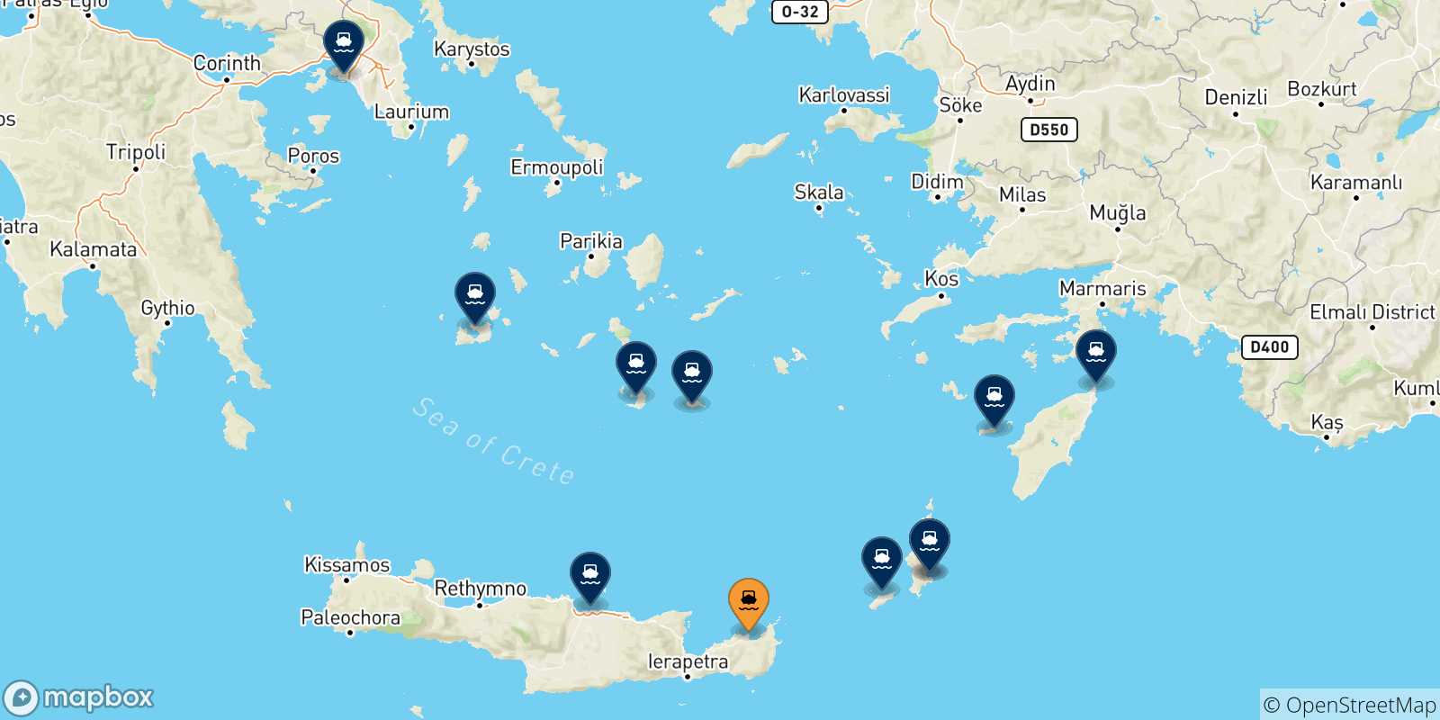 Carte des traversées possibles entre Sitia et la Grèce