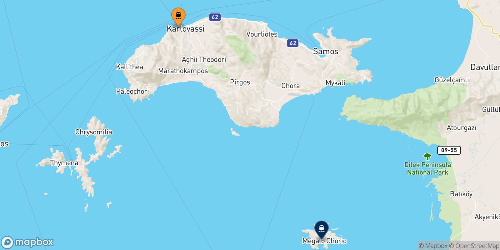 Carte des traverséesPythagorio (Samos) Agathonissi