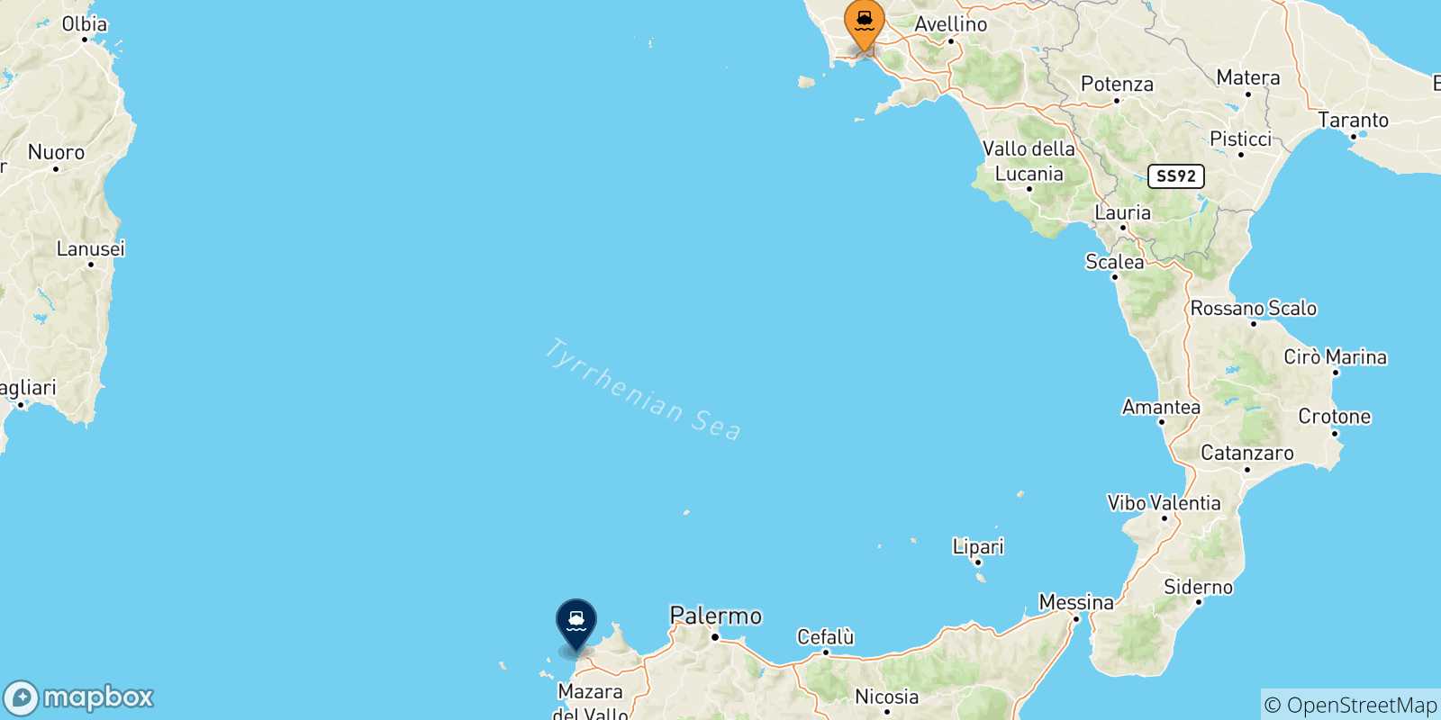 Carte des traversées possibles entre Naples Beverello et la Sicile
