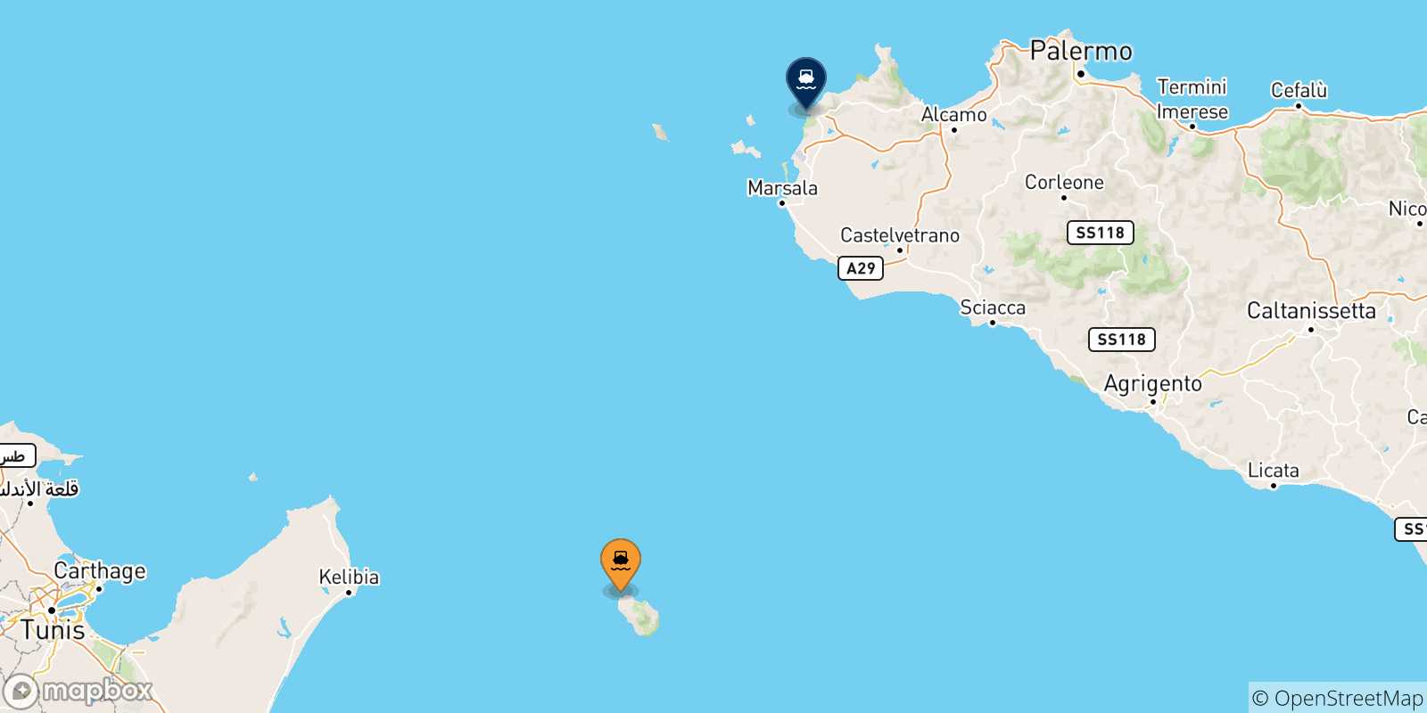 Carte des traversées possibles entre l'Île De Pantelleria et Trapani