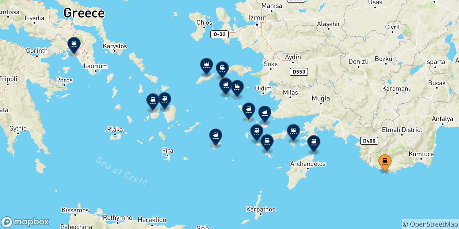 Carte des traversées possibles entre Kastellórizo et la Grèce
