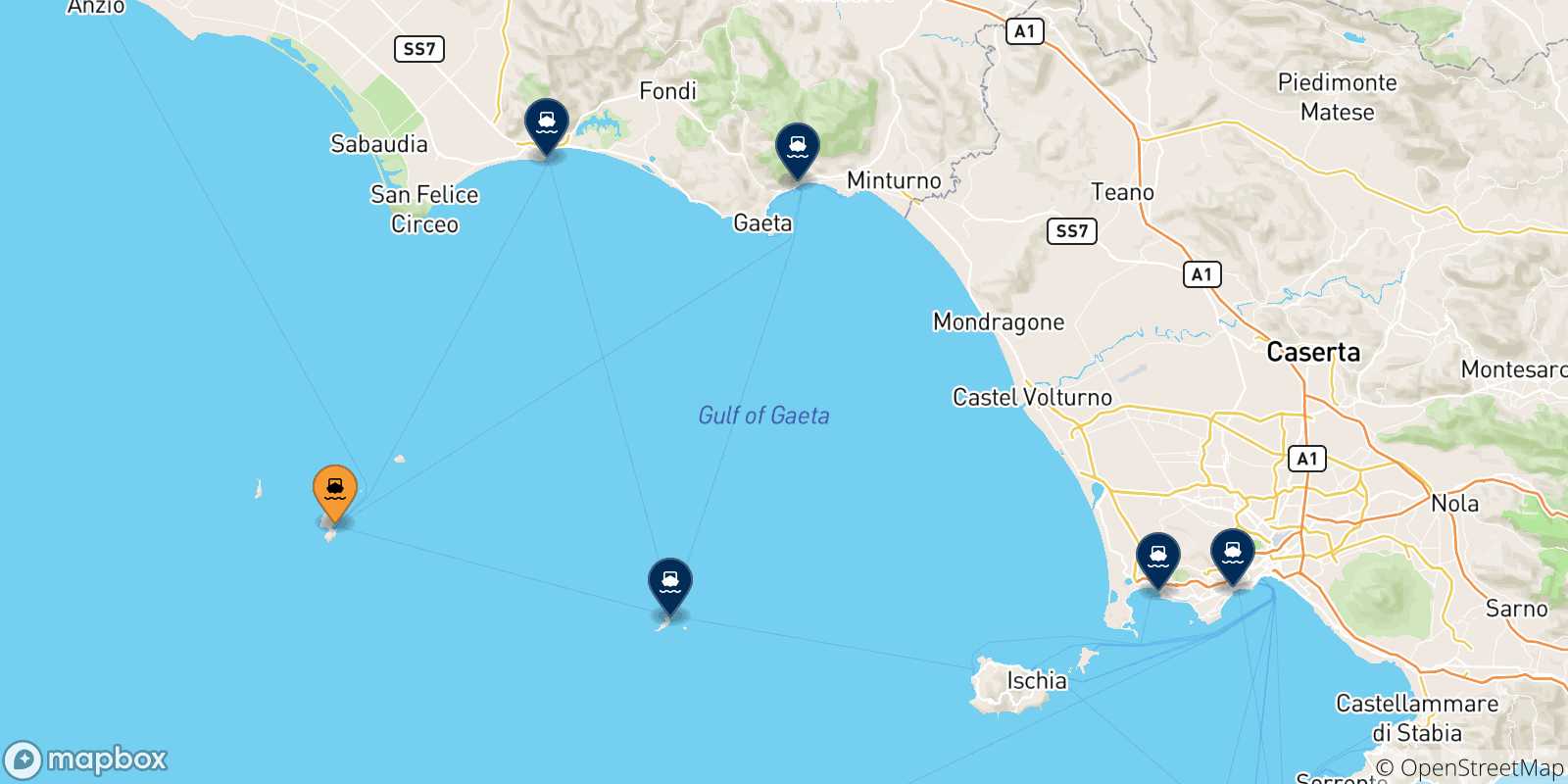 Carte des traversées possibles entre Ponza et l'Italie
