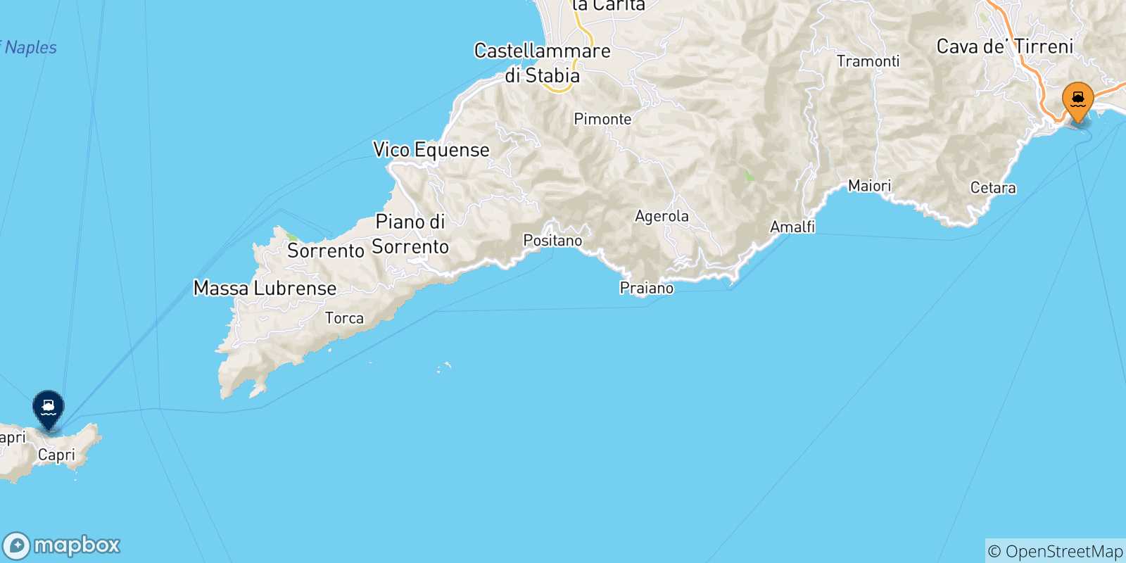 Carte des traversées possibles entre Salerne et le Golf De Naples