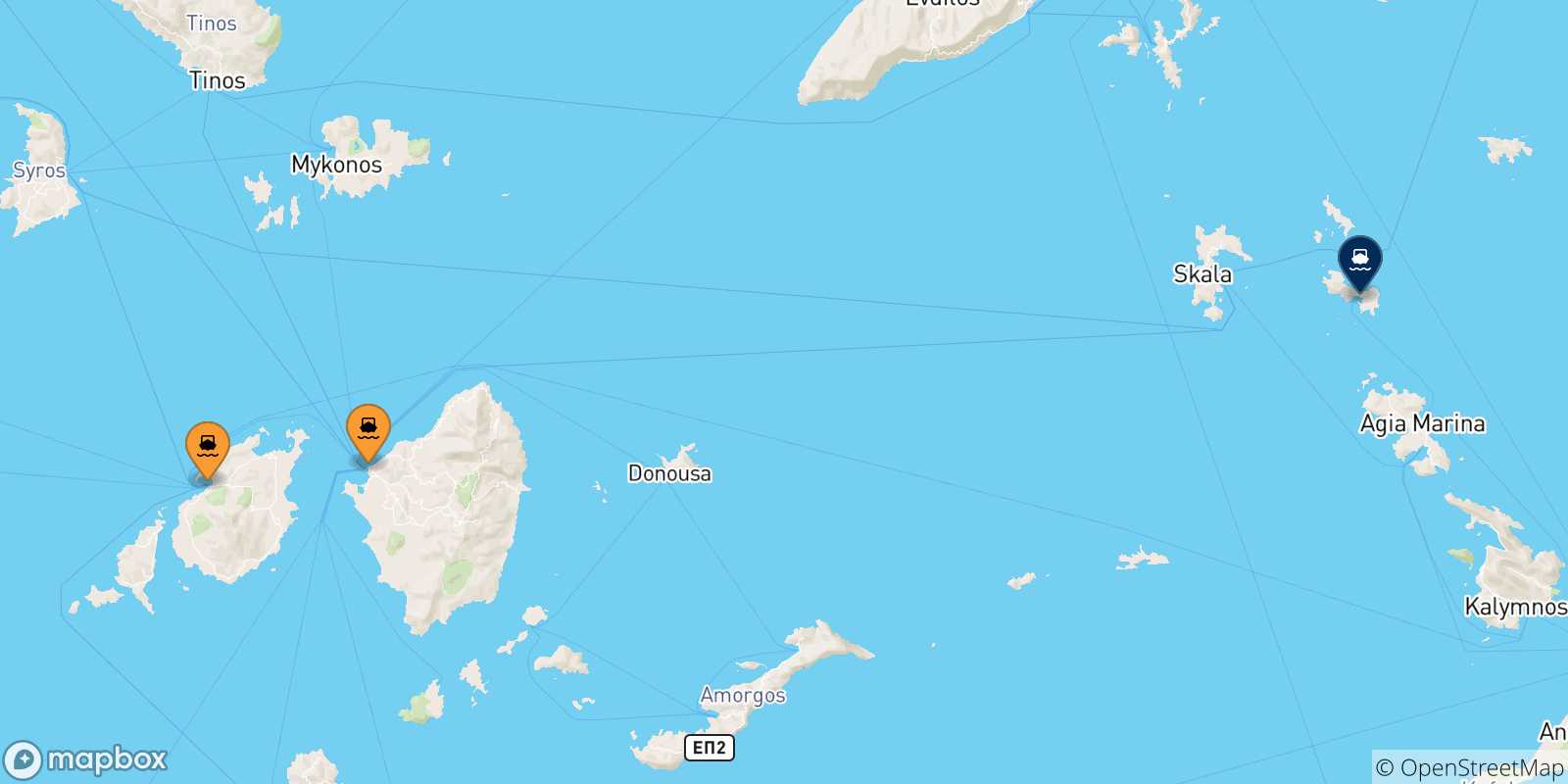 Carte des traversées possibles entre Îles Des Cyclades et Lipsi