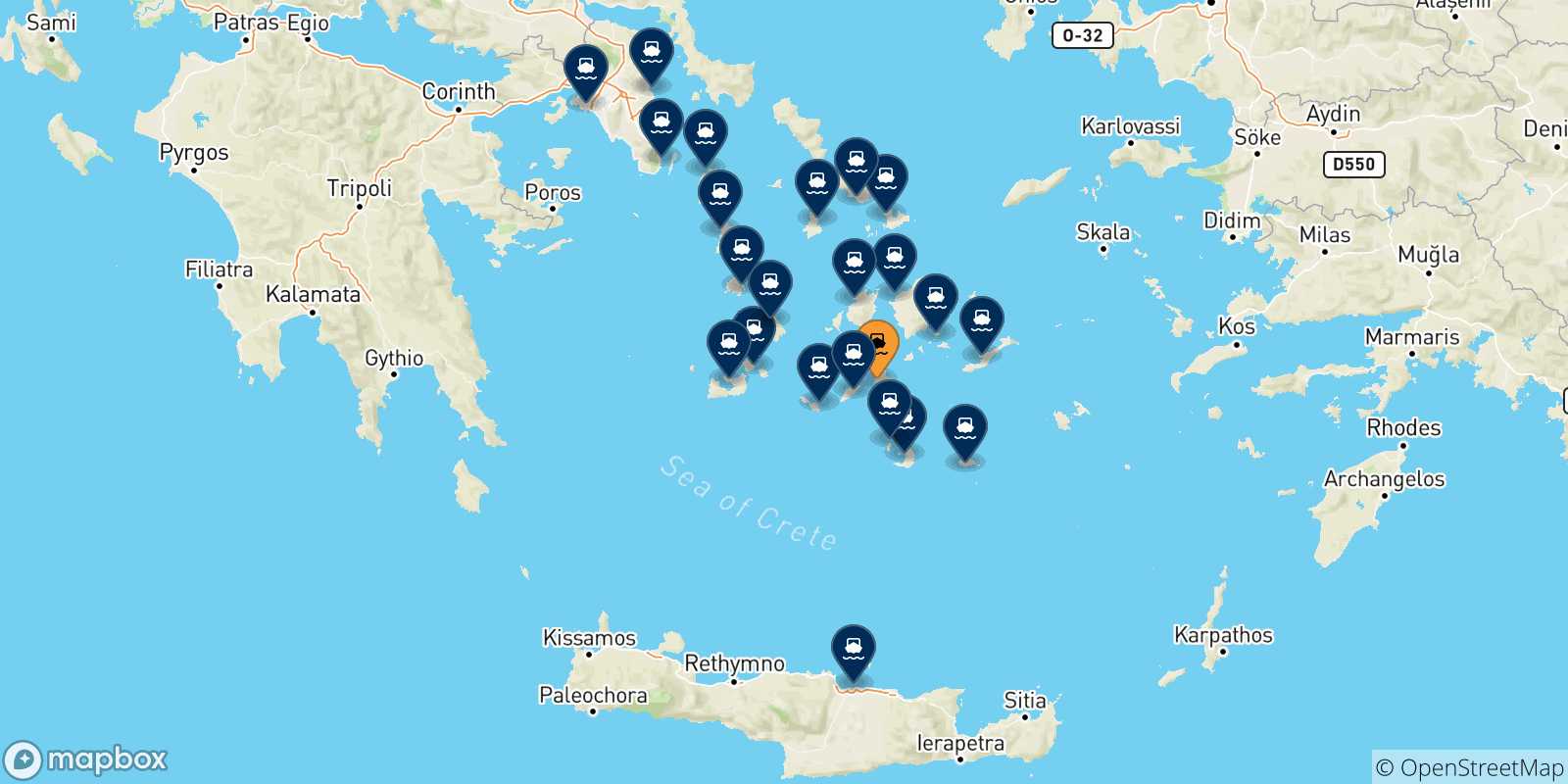 Carte des traversées possibles entre Ios et la Grèce