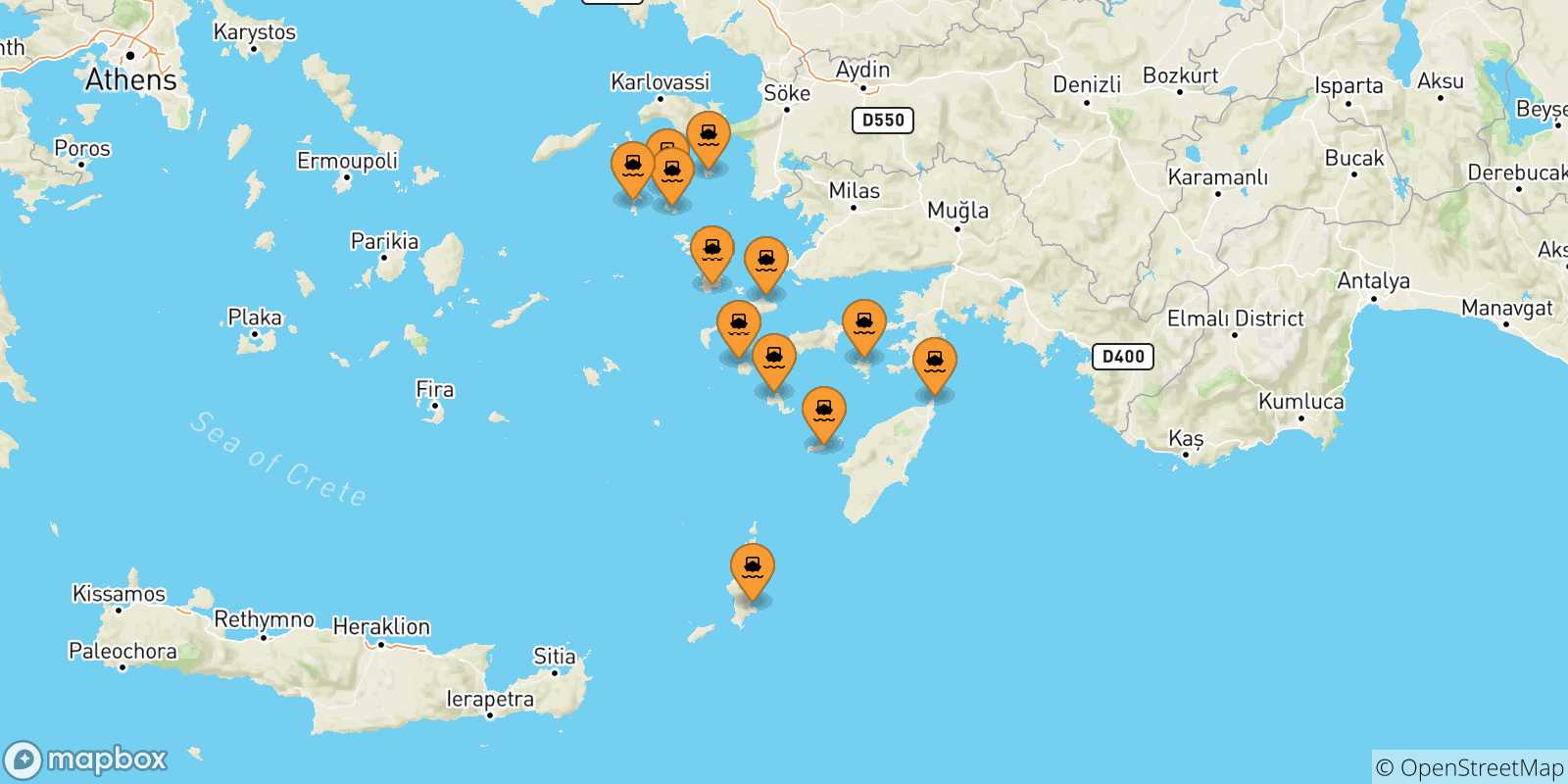 Carte des traversées possibles entre Îles Du Dodécanèse et Leros