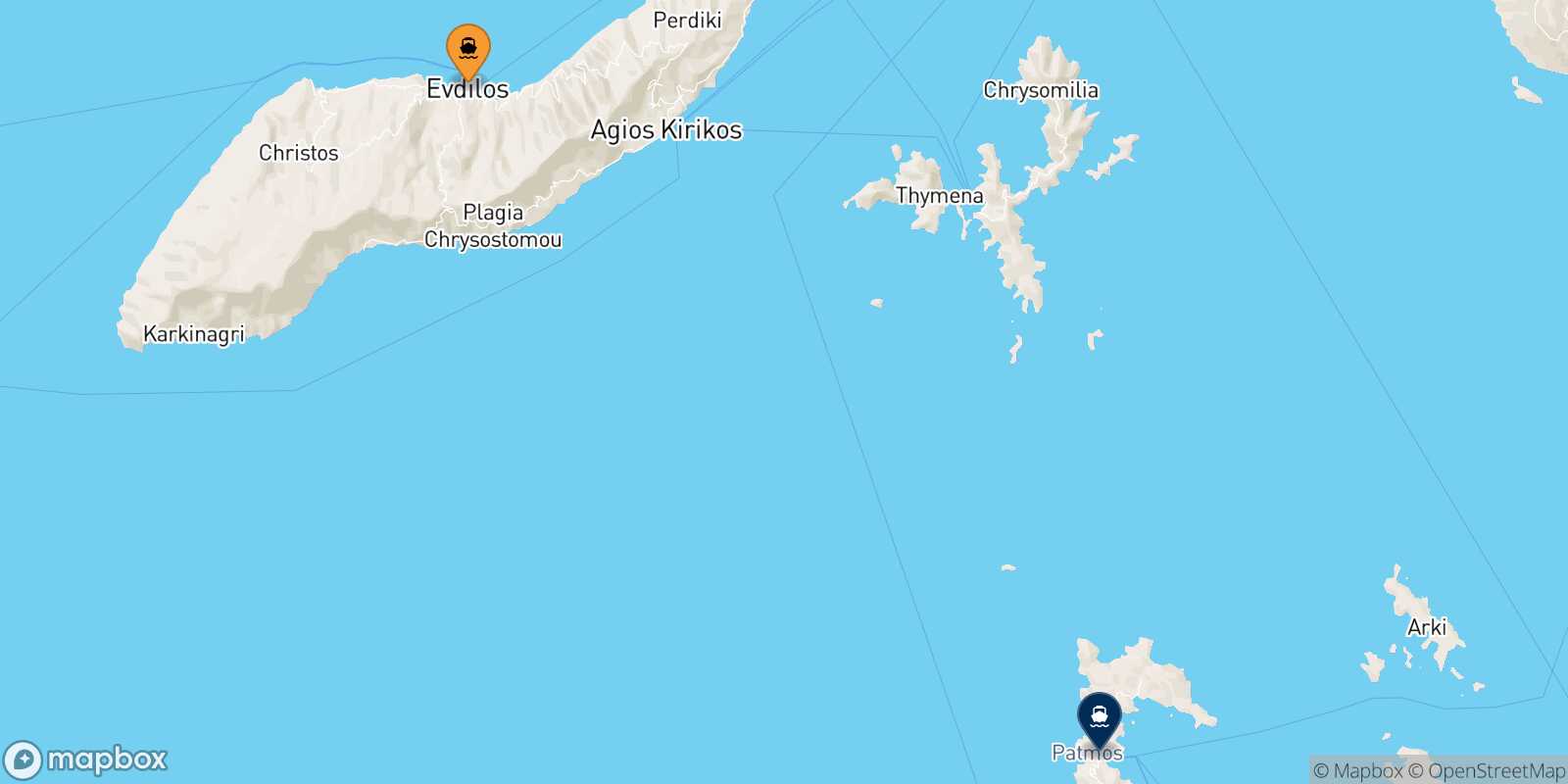Carte des traverséesAgios Kirikos (Ikaria) Patmos