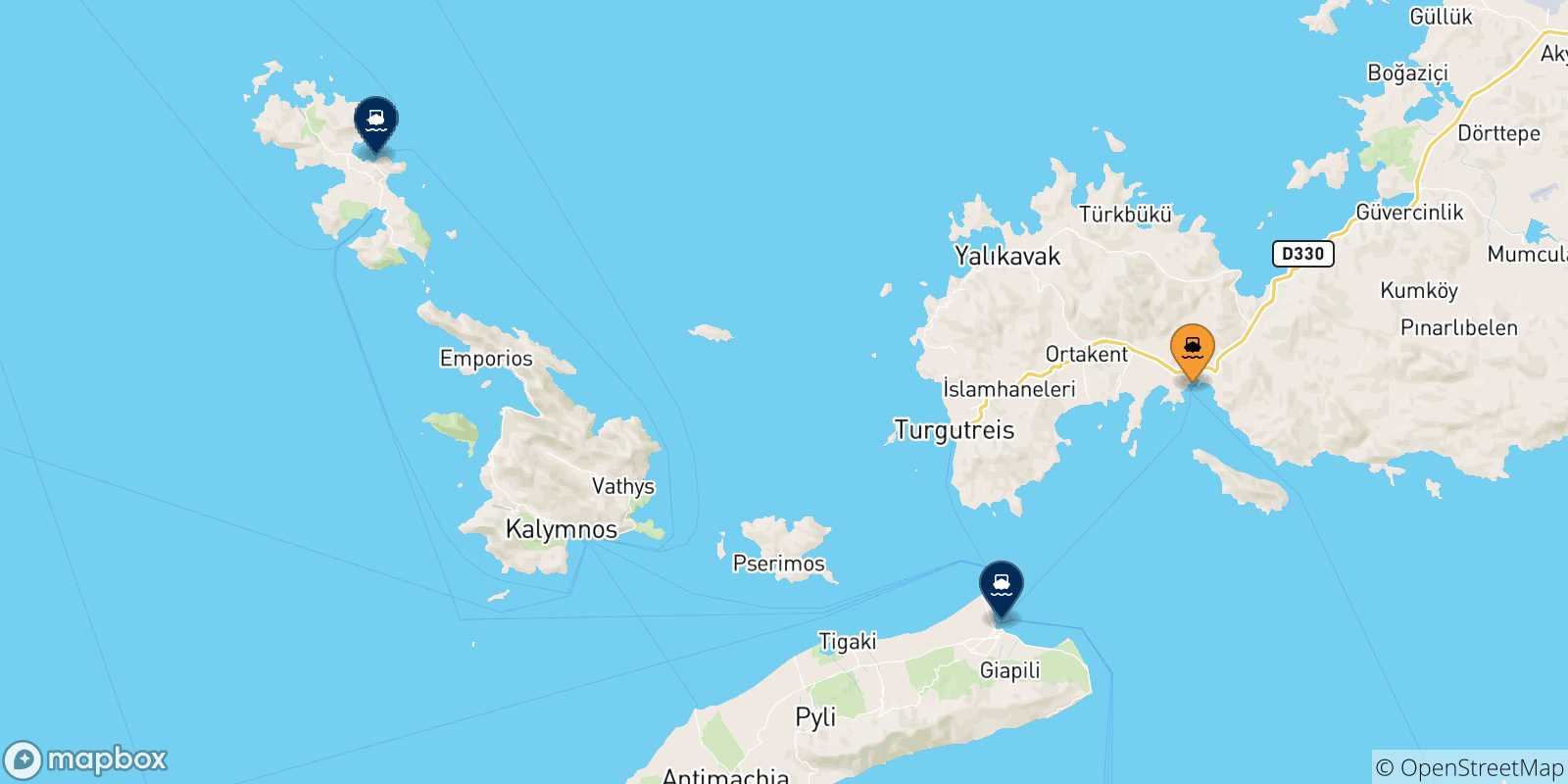 Carte des traversées possibles entre Turgutreis et Îles Du Dodécanèse