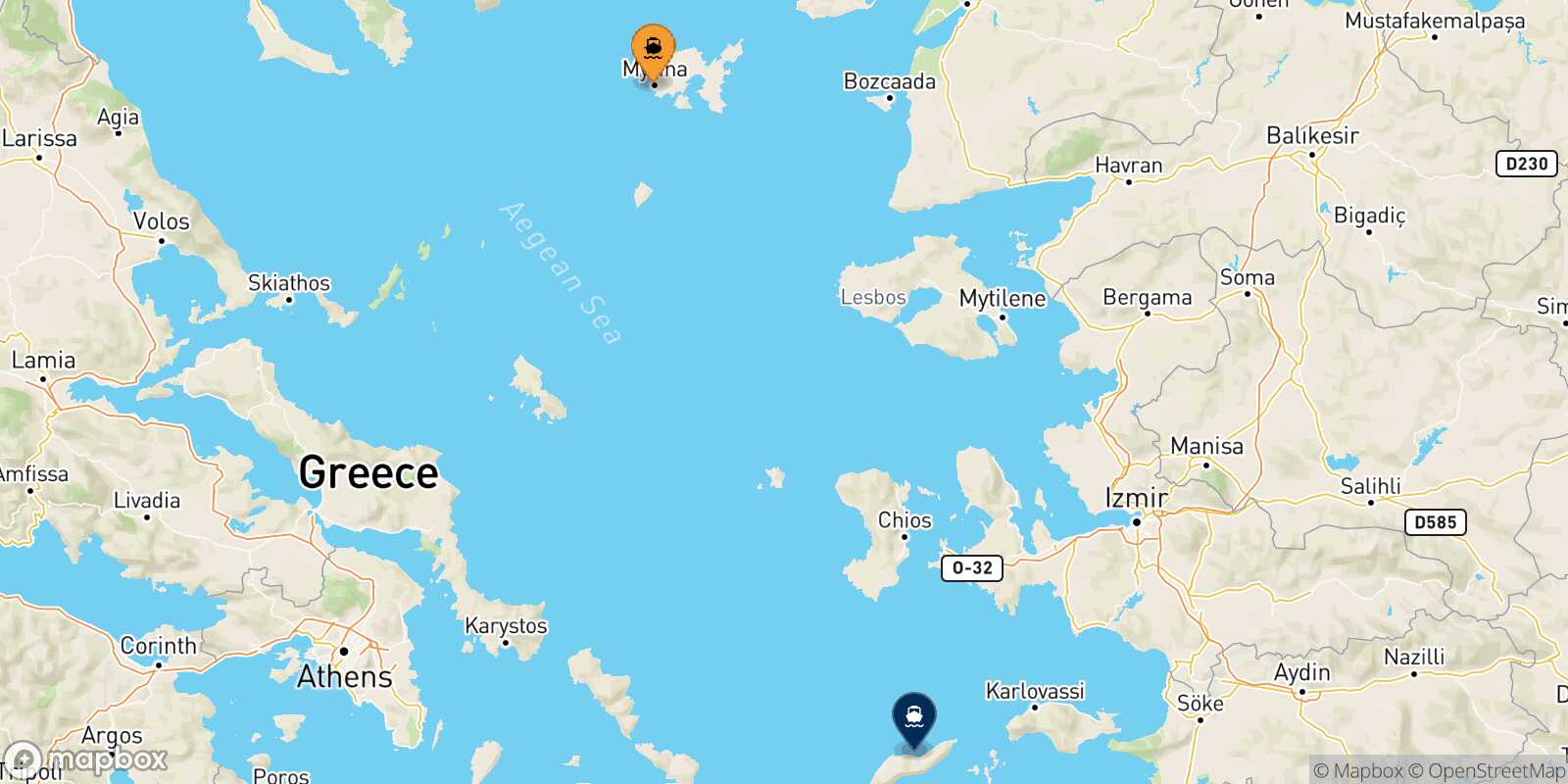 Carte des traverséesMyrina (Limnos) Evdilos (Ikaria)