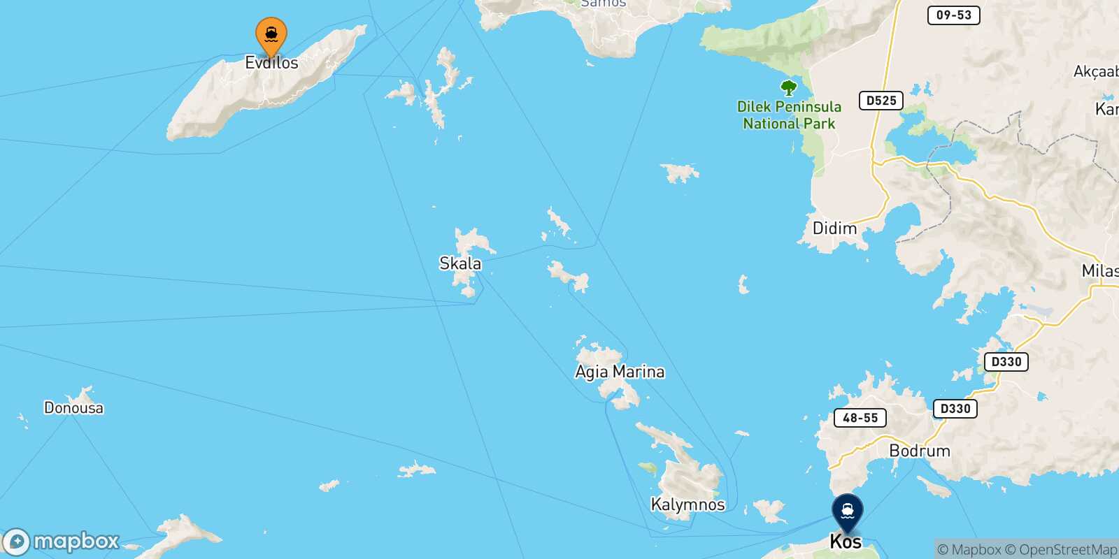 Carte des traverséesAgios Kirikos (Ikaria) Kos