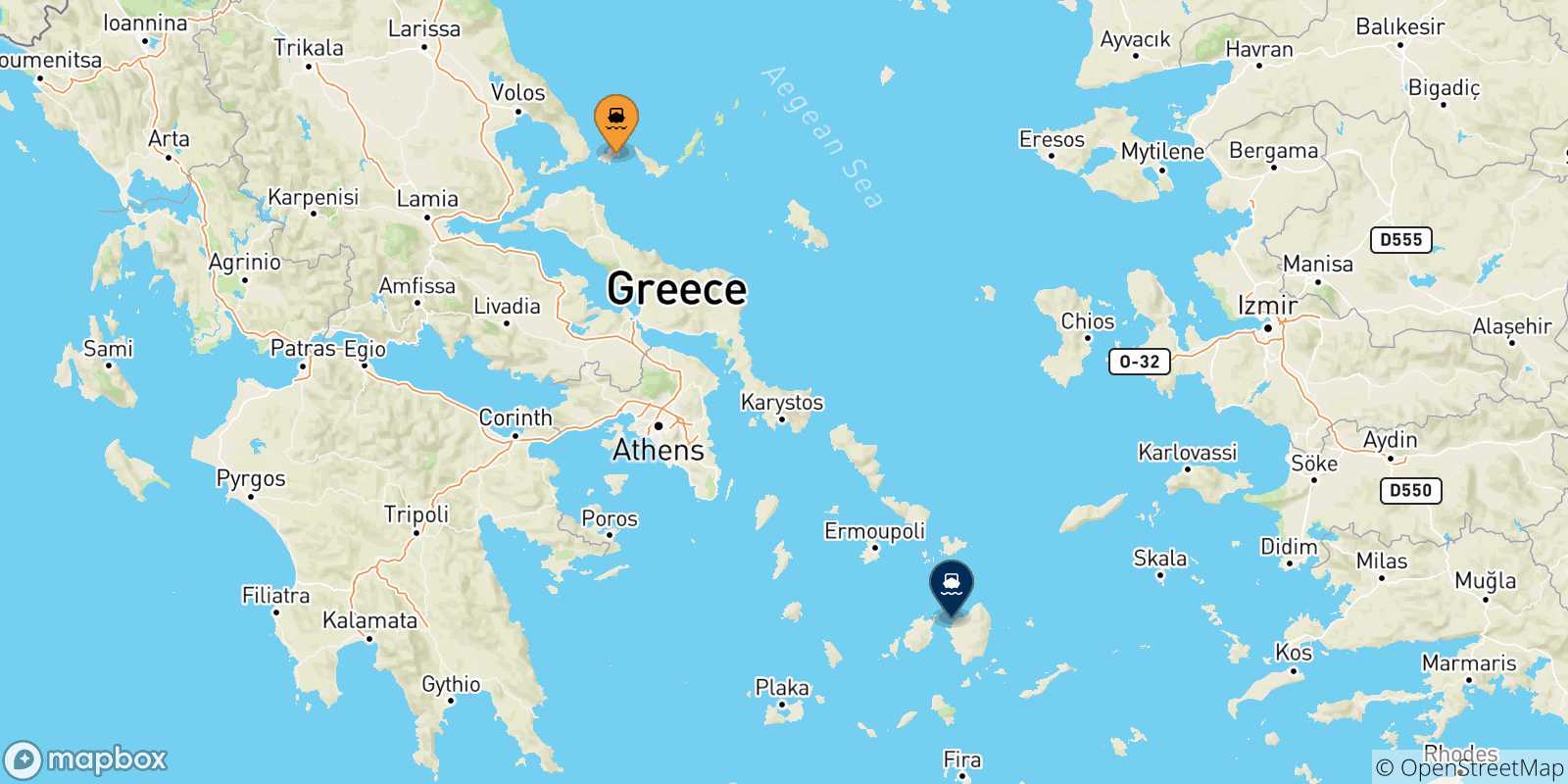 Carte des traversées possibles entre les Îles Sporades et Naxos