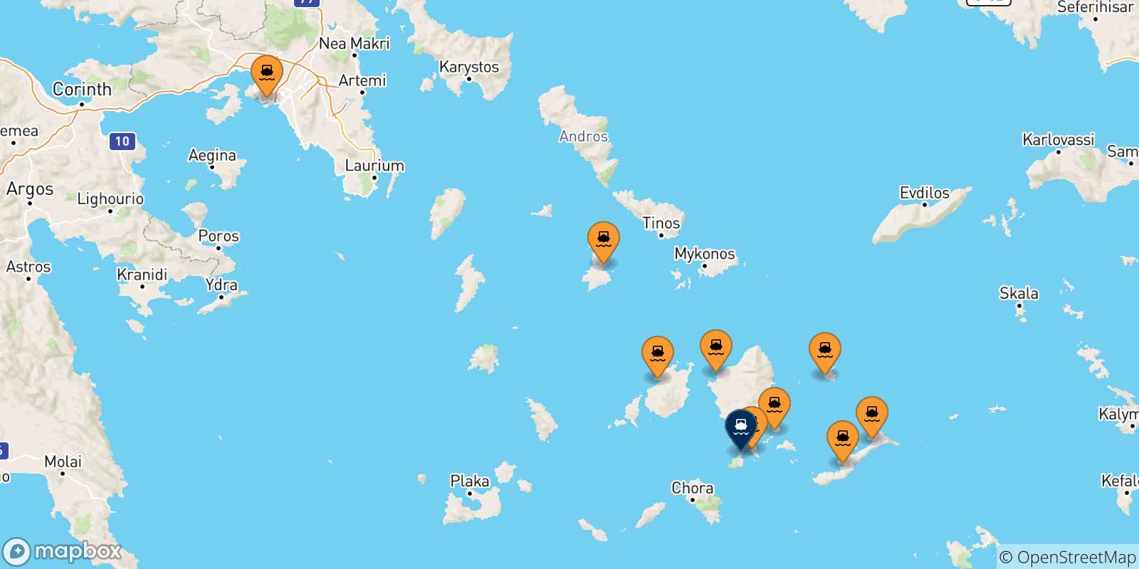 Carte des traversées possibles entre la Grèce et Iraklia