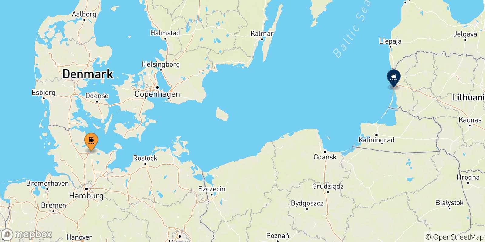 Carte des traversées possibles entre Kiel et la Lituanie