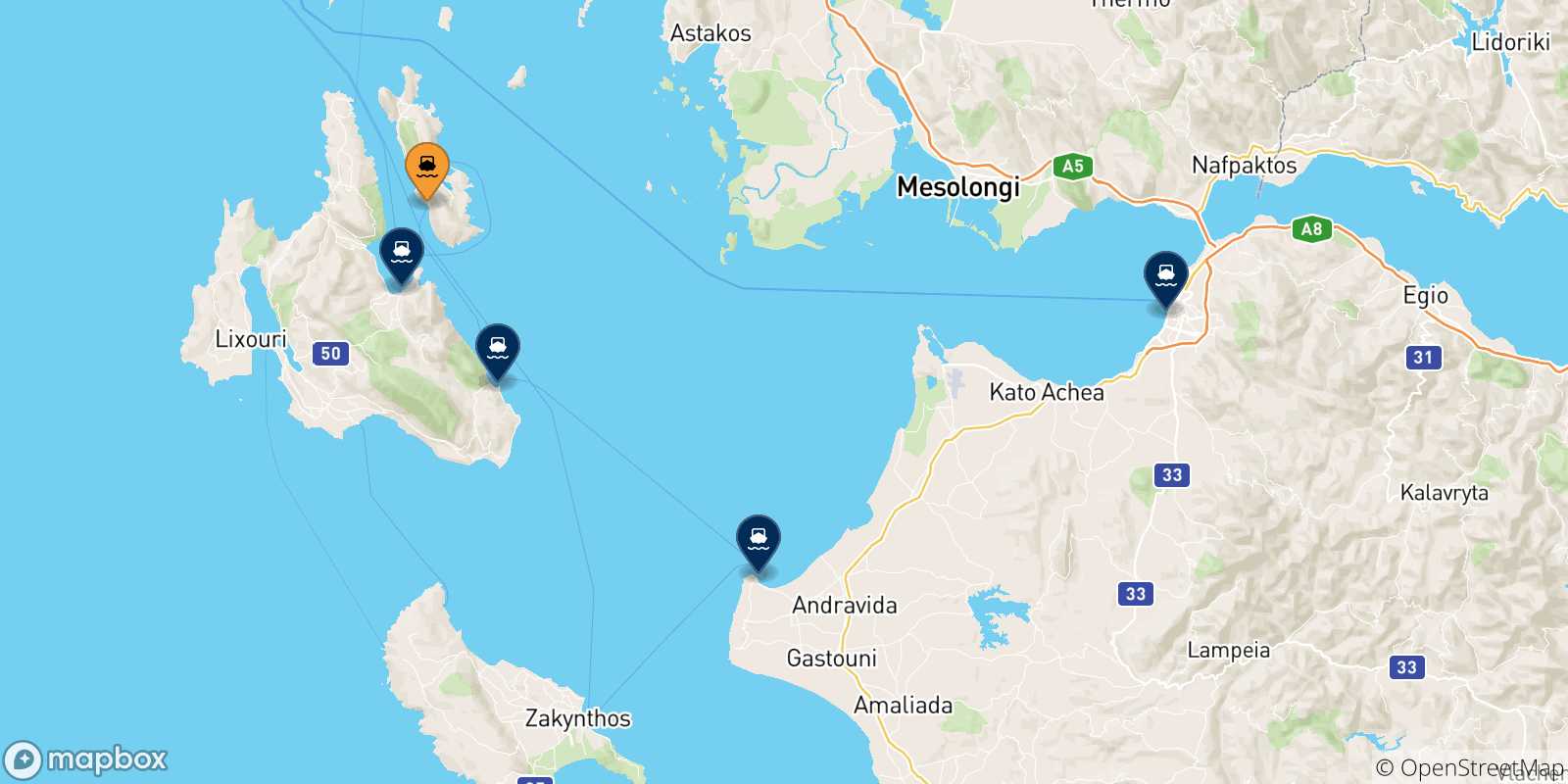 Carte des traversées possibles entre Pisaetos (Ithaque) et la Grèce