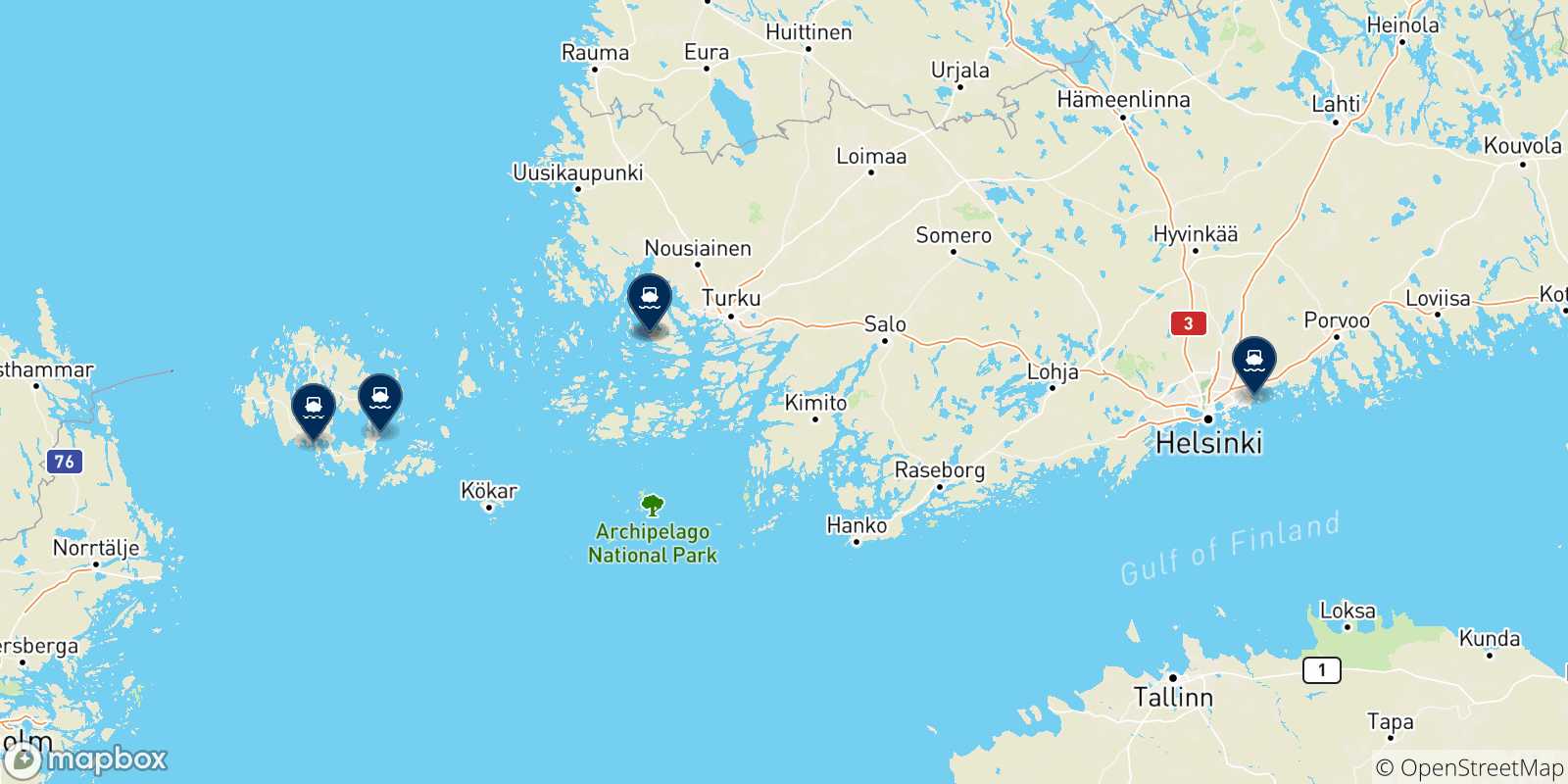 Carte des traversées possibles entre la Finlande et la Finlande
