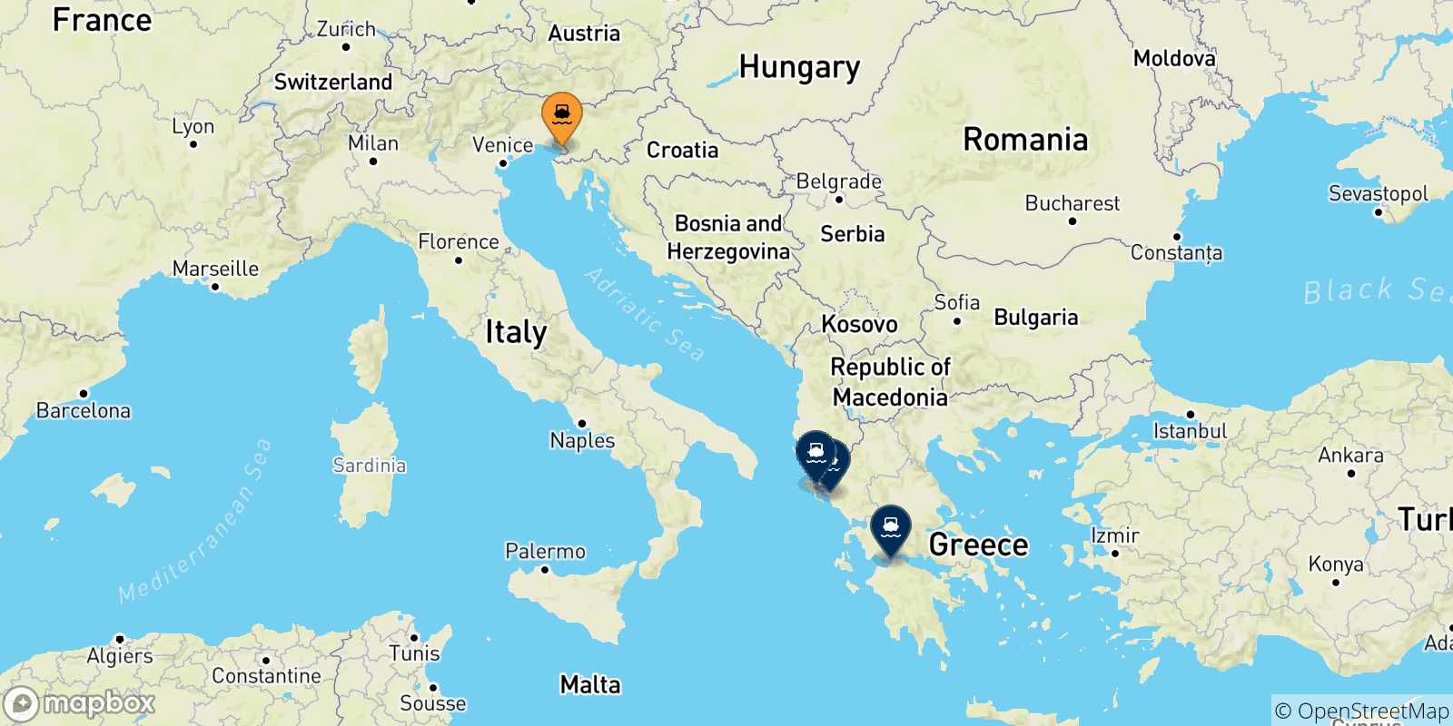 Carte des traversées possibles entre Trieste et la Grèce