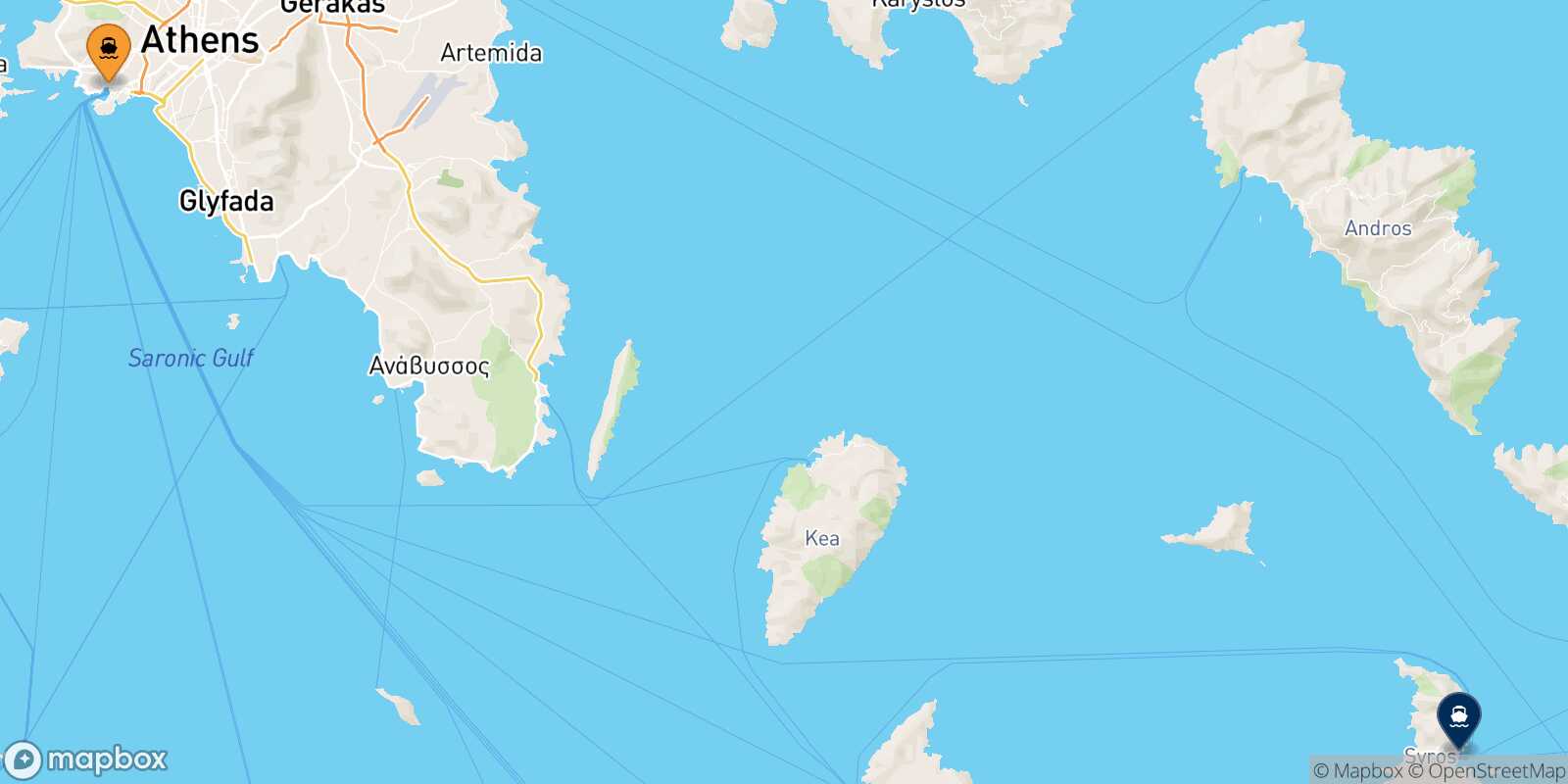 Carte des traverséesLe Piree Syros